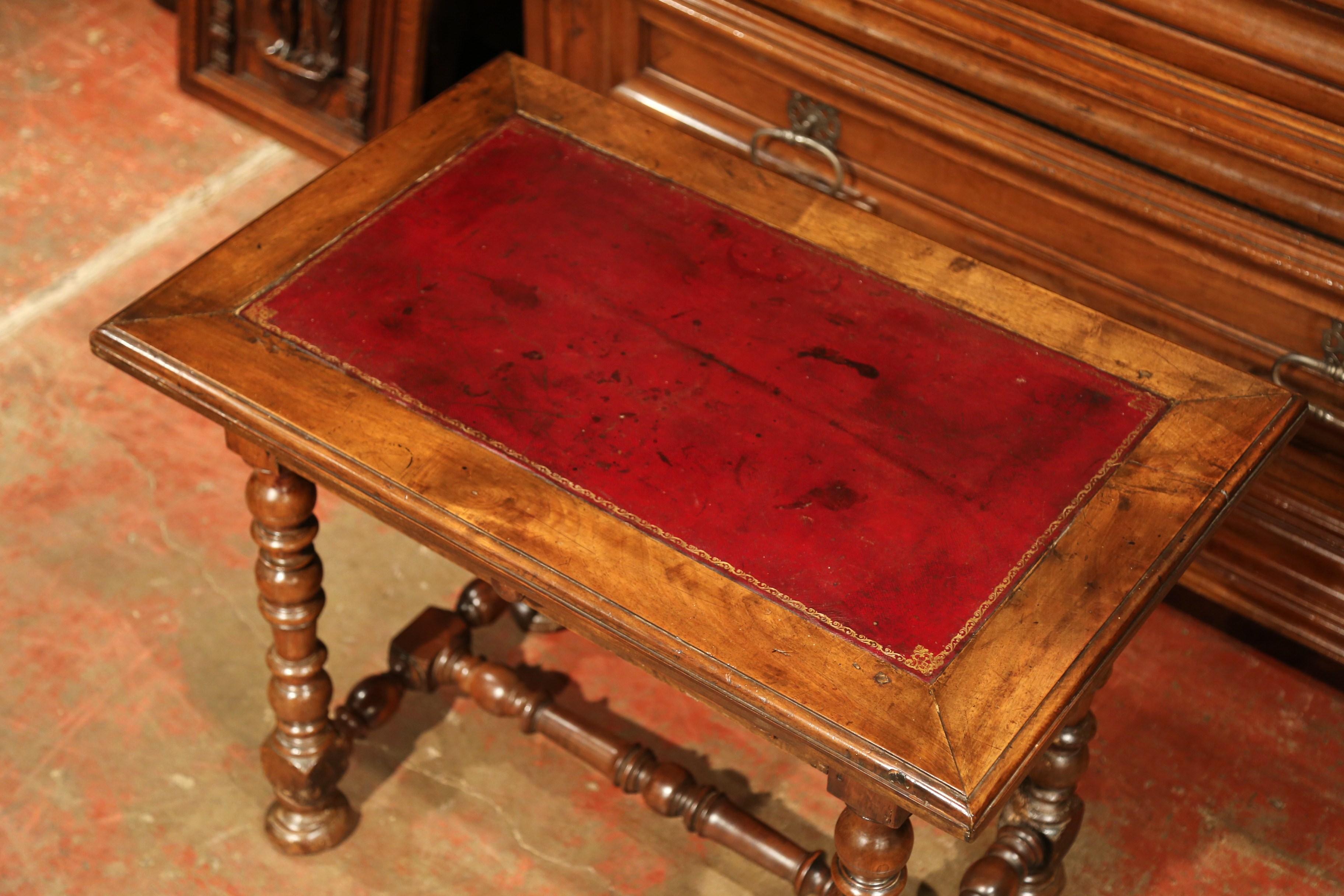 19th Century French Louis XIII Carved Walnut Table Desk with Red Leather Top In Excellent Condition In Dallas, TX