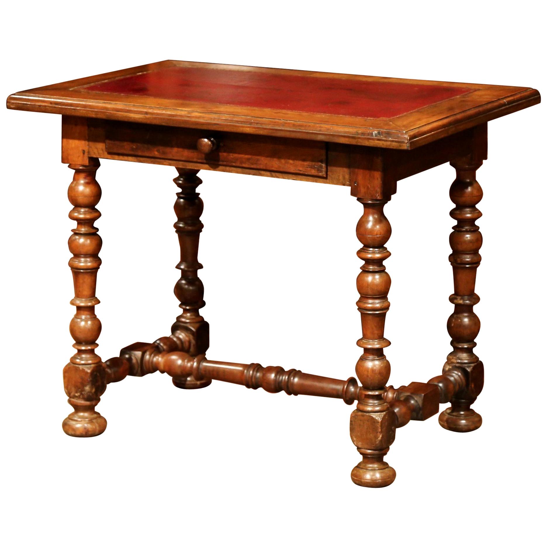 19th Century French Louis XIII Carved Walnut Table Desk with Red Leather Top