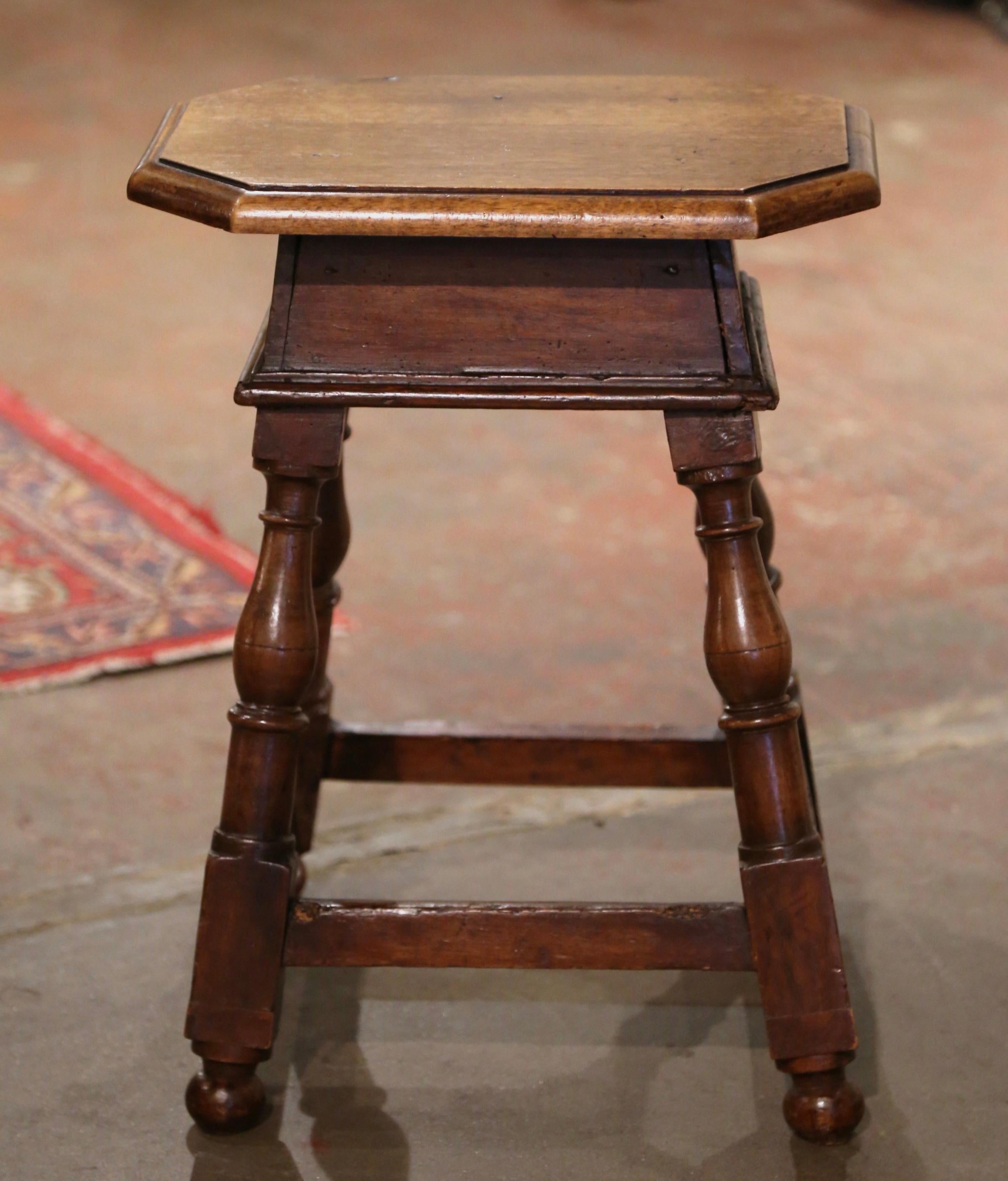 19th Century French Louis XIII Carved Walnut Turned Legs Octagonal Stool  1