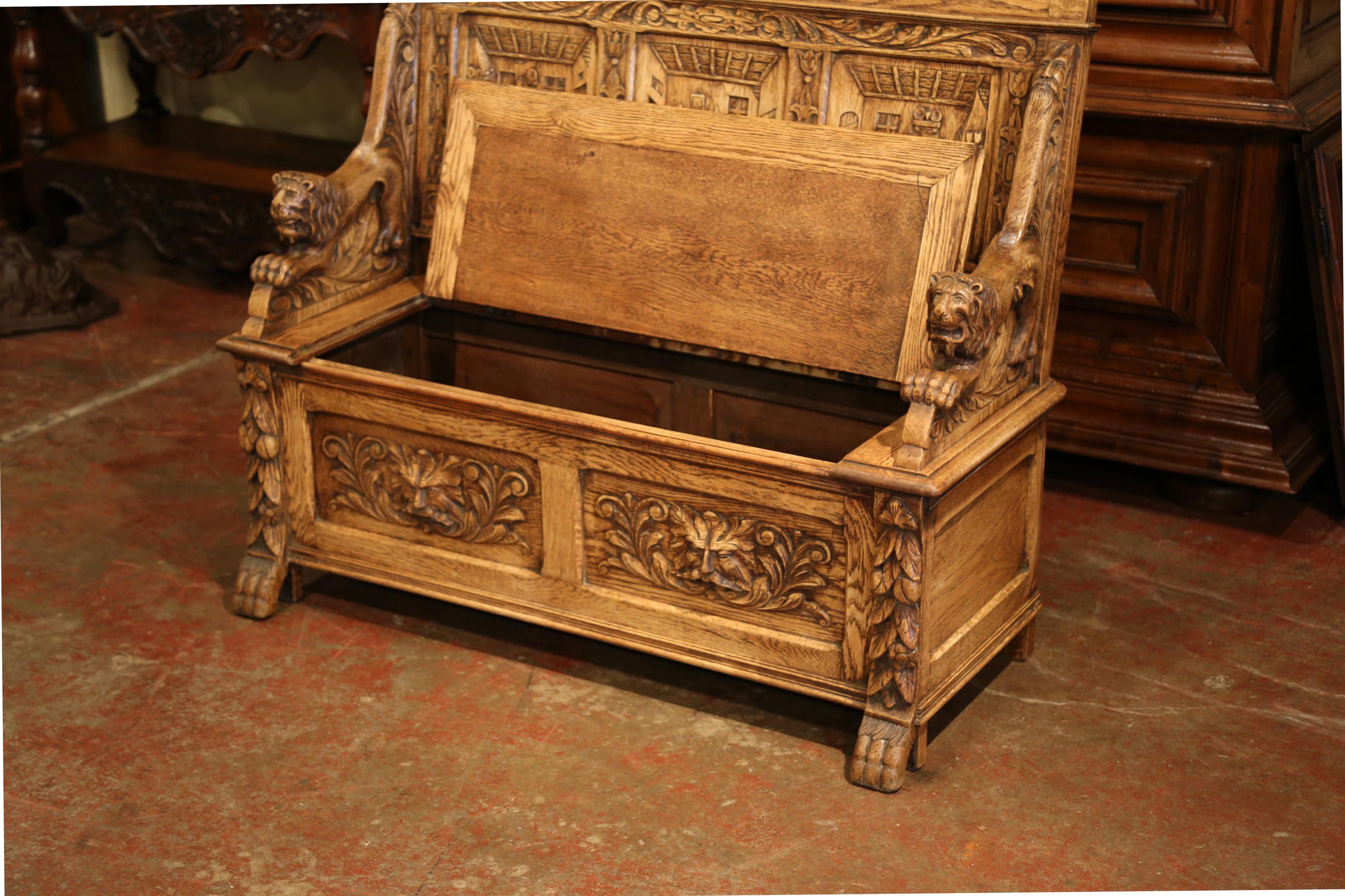 19th Century French Louis XIII Hand Carved Oak Bench with Back and Trapdoor 7