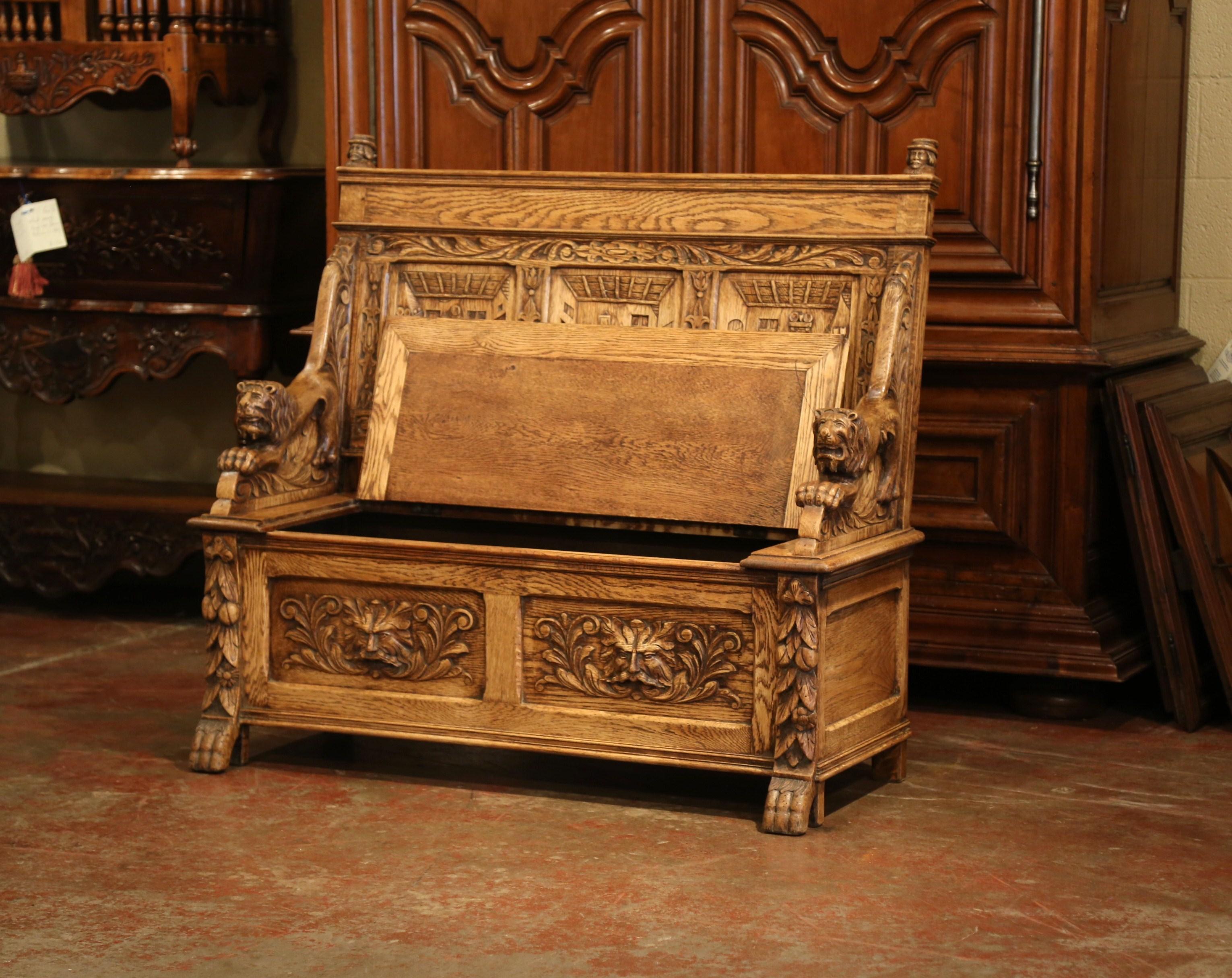 19th Century French Louis XIII Hand Carved Oak Bench with Back and Trapdoor In Excellent Condition In Dallas, TX