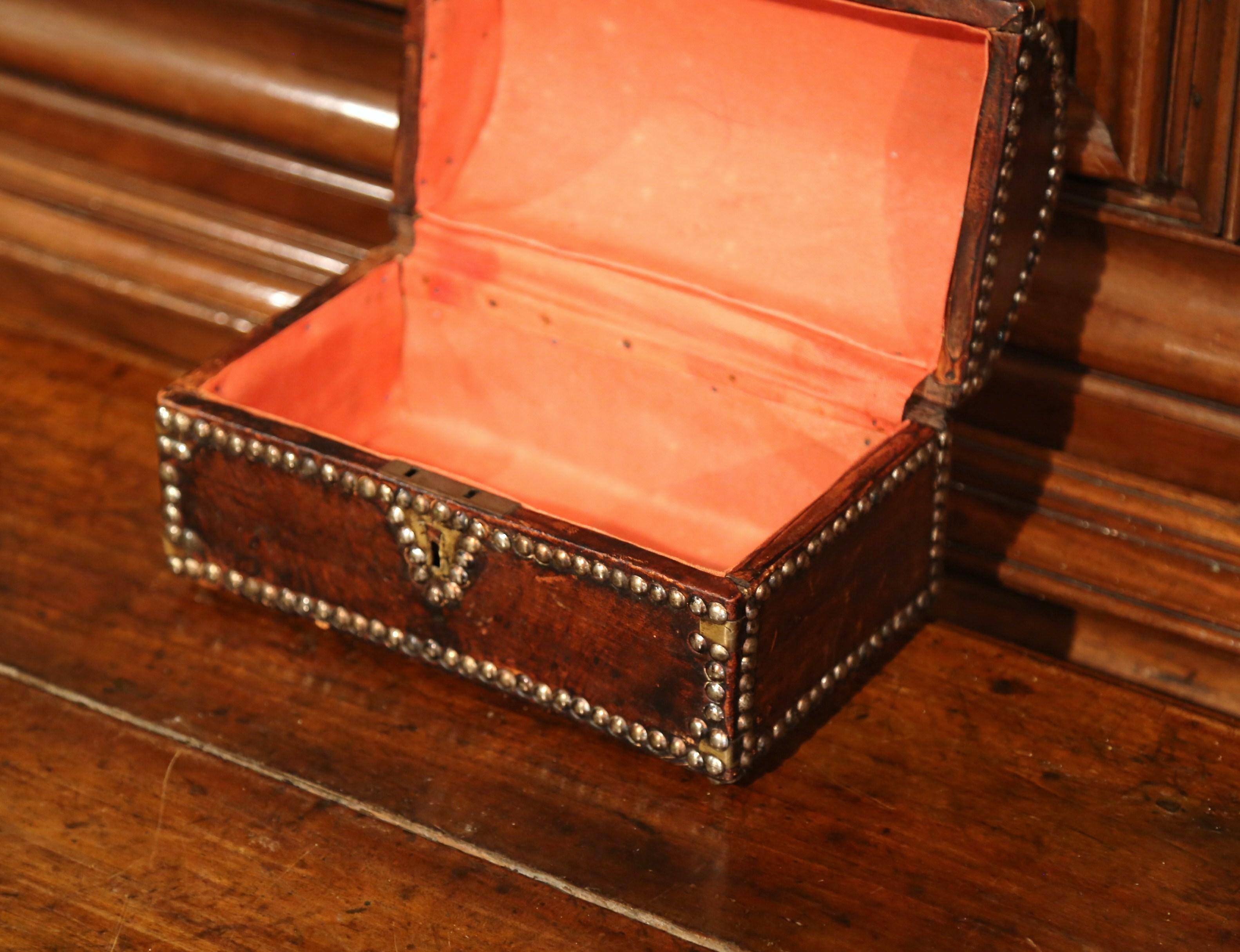 19th Century French Louis XIII Leather Trunk Box with Decorative Brass Nails 2