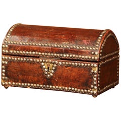 19th Century French Louis XIII Leather Trunk Box with Decorative Brass Nails
