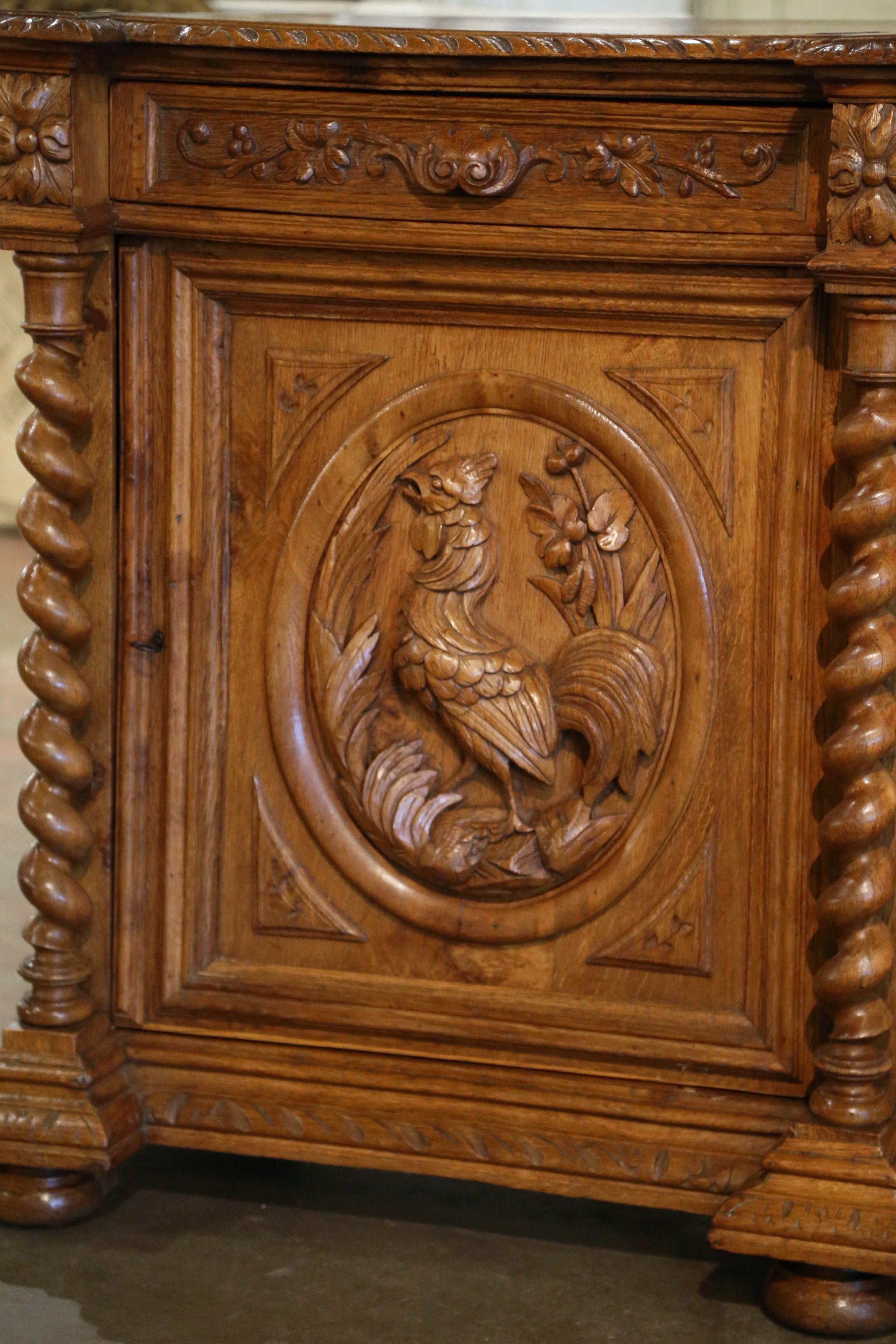 Hand-Carved 19th Century French Louis XIII Oak Barley Twist Jelly Cabinet with Rooster Motif For Sale