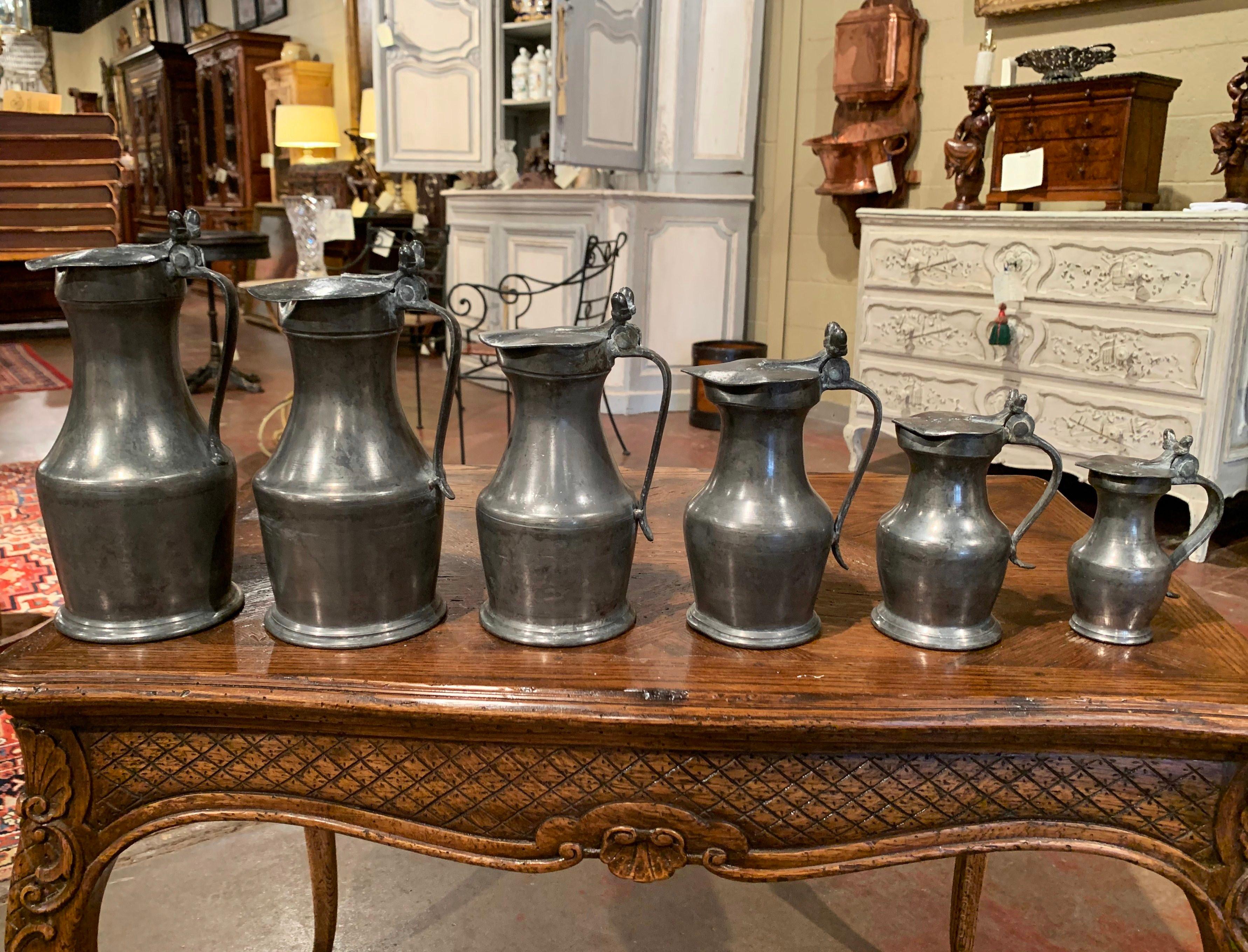 19th Century French Louis XIII Pewter Pitchers in Graduated Sizes, Set of Six 6