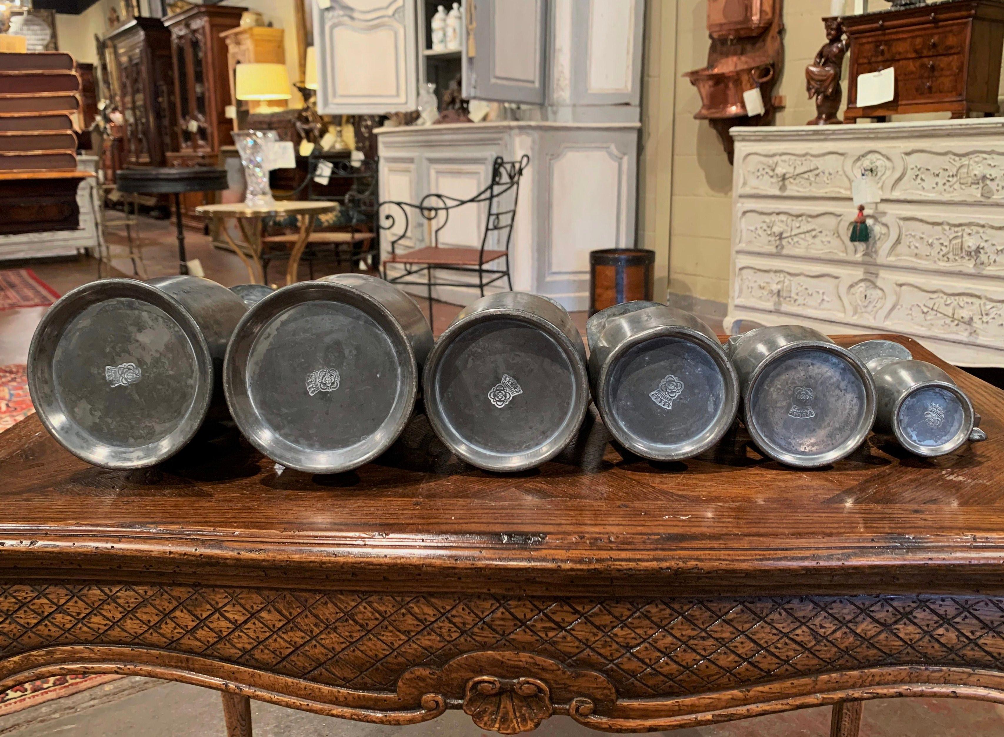 19th Century French Louis XIII Pewter Pitchers in Graduated Sizes, Set of Six 9
