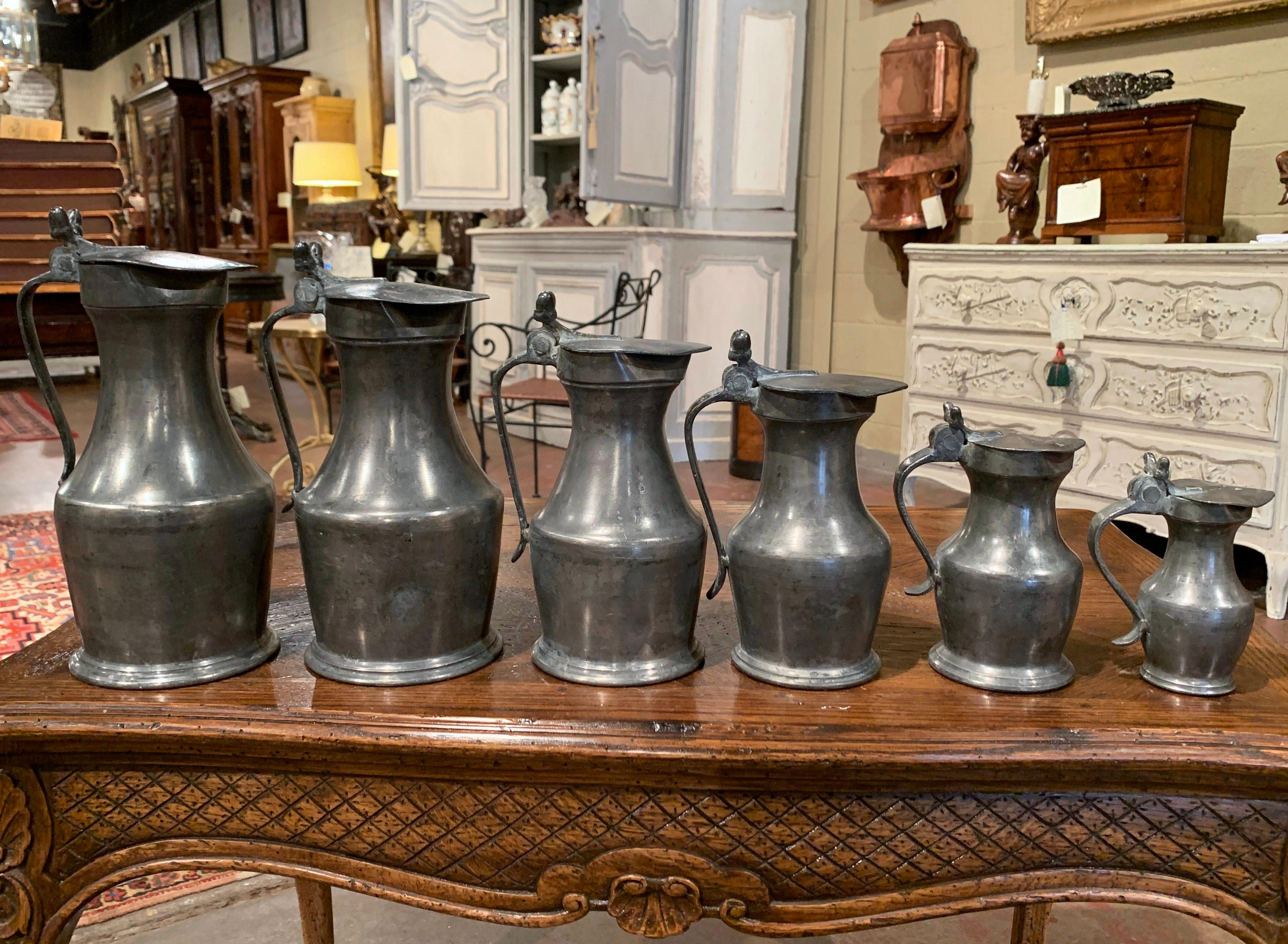 19th Century French Louis XIII Pewter Pitchers in Graduated Sizes, Set of Six 1