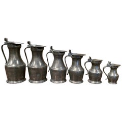 Antique 19th Century French Louis XIII Pewter Pitchers in Graduated Sizes, Set of Six