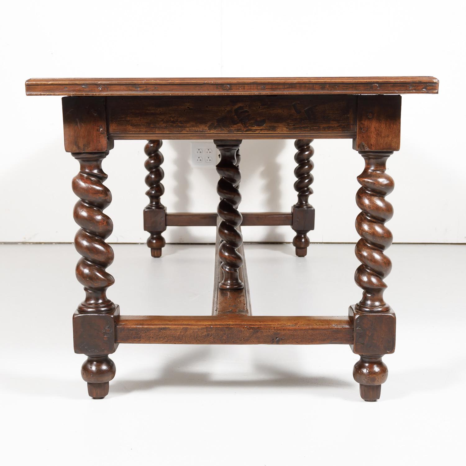 19th Century French Louis XIII Solid Walnut Barley Twist Farm Table 7