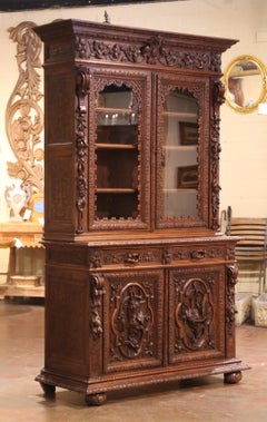 19th Century French Louis XIII Style Carved Oak Hunt Bookcase Gun Cabinet
