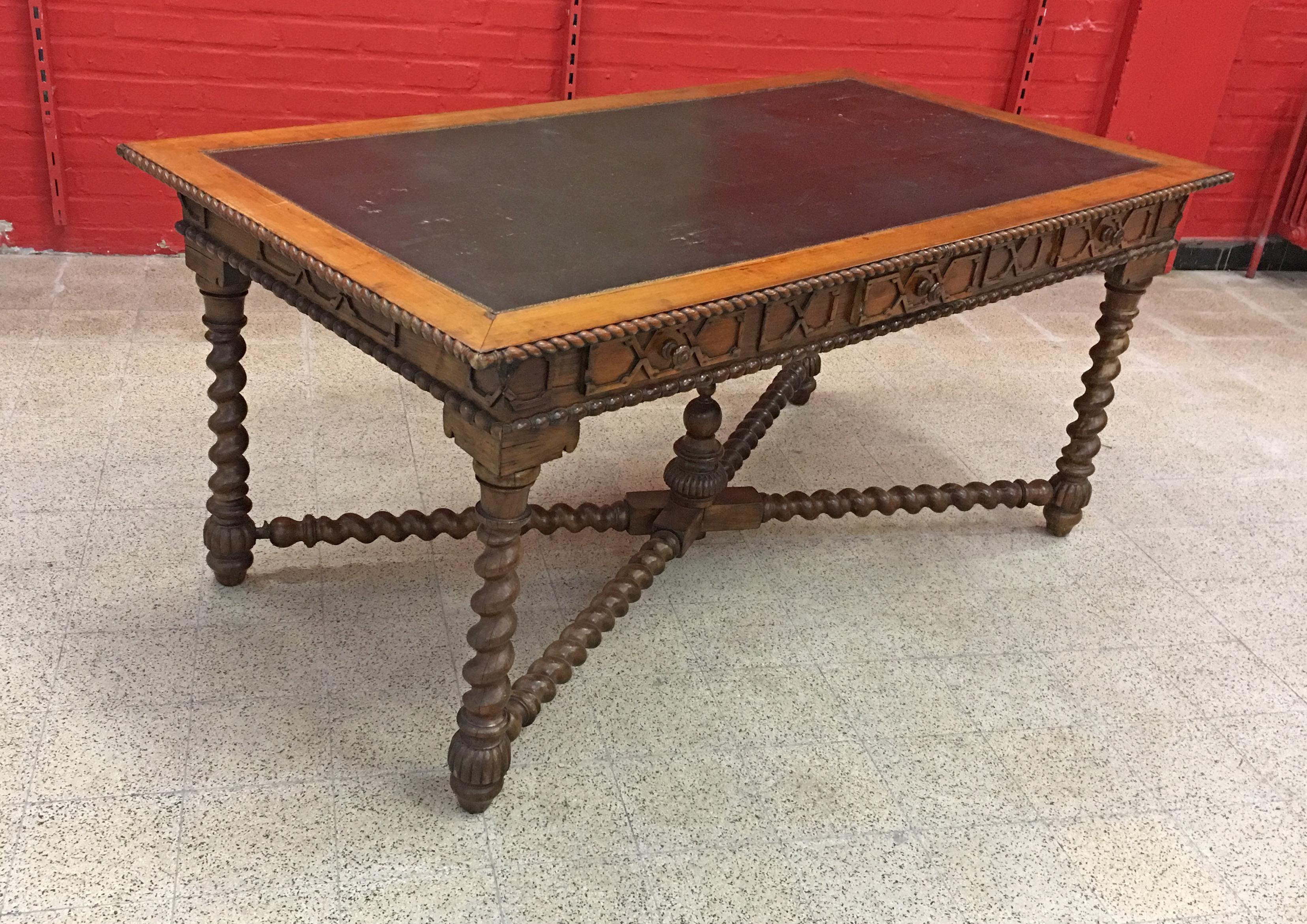 19th Century French Louis XIII Style Hand Carved Cherry Writing Desk, Moleskin For Sale 6