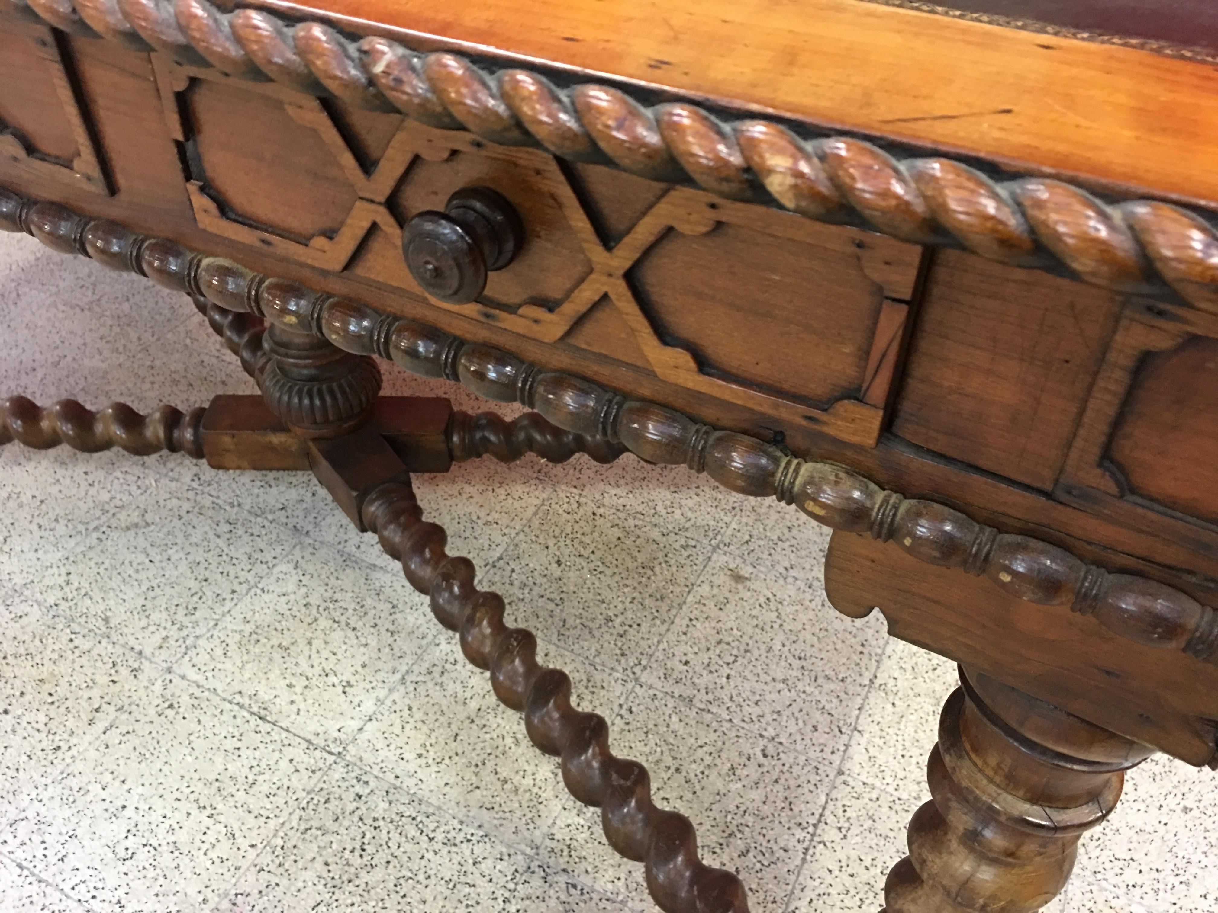 19th Century French Louis XIII Style Hand Carved Cherry Writing Desk, Moleskin In Good Condition For Sale In Saint-Ouen, FR
