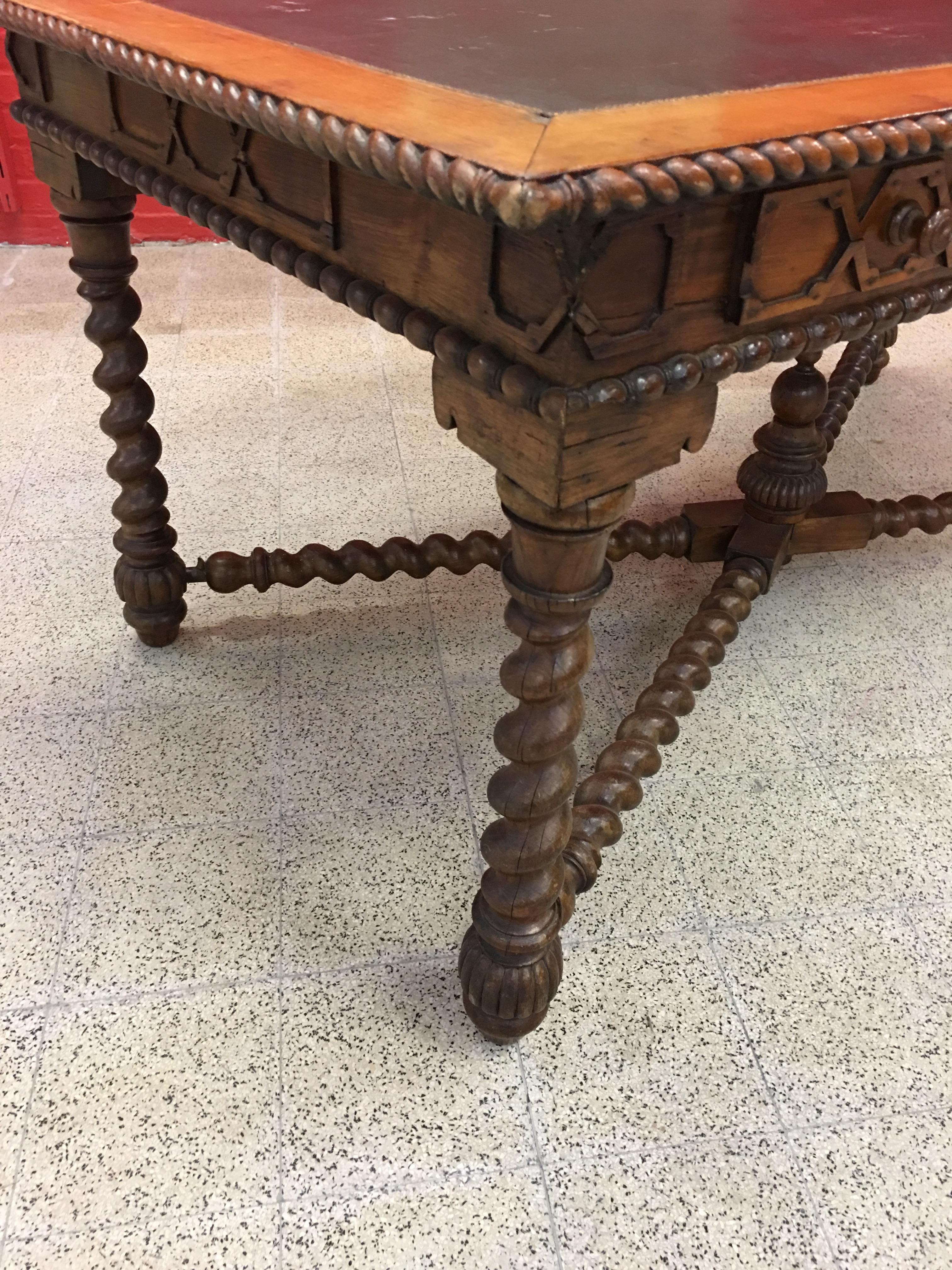 19th Century French Louis XIII Style Hand Carved Cherry Writing Desk, Moleskin For Sale 1