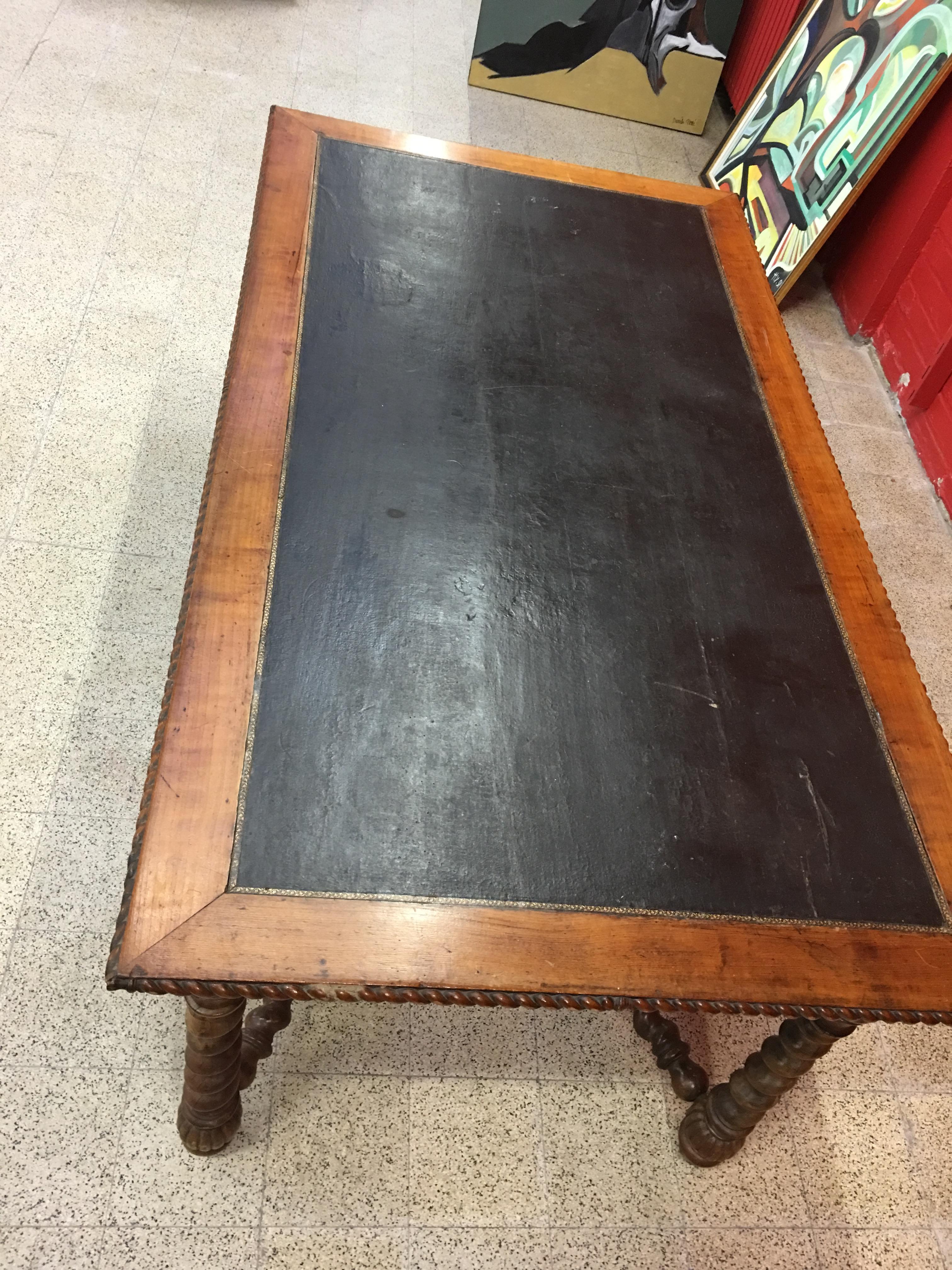 19th Century French Louis XIII Style Hand Carved Cherry Writing Desk, Moleskin For Sale 4