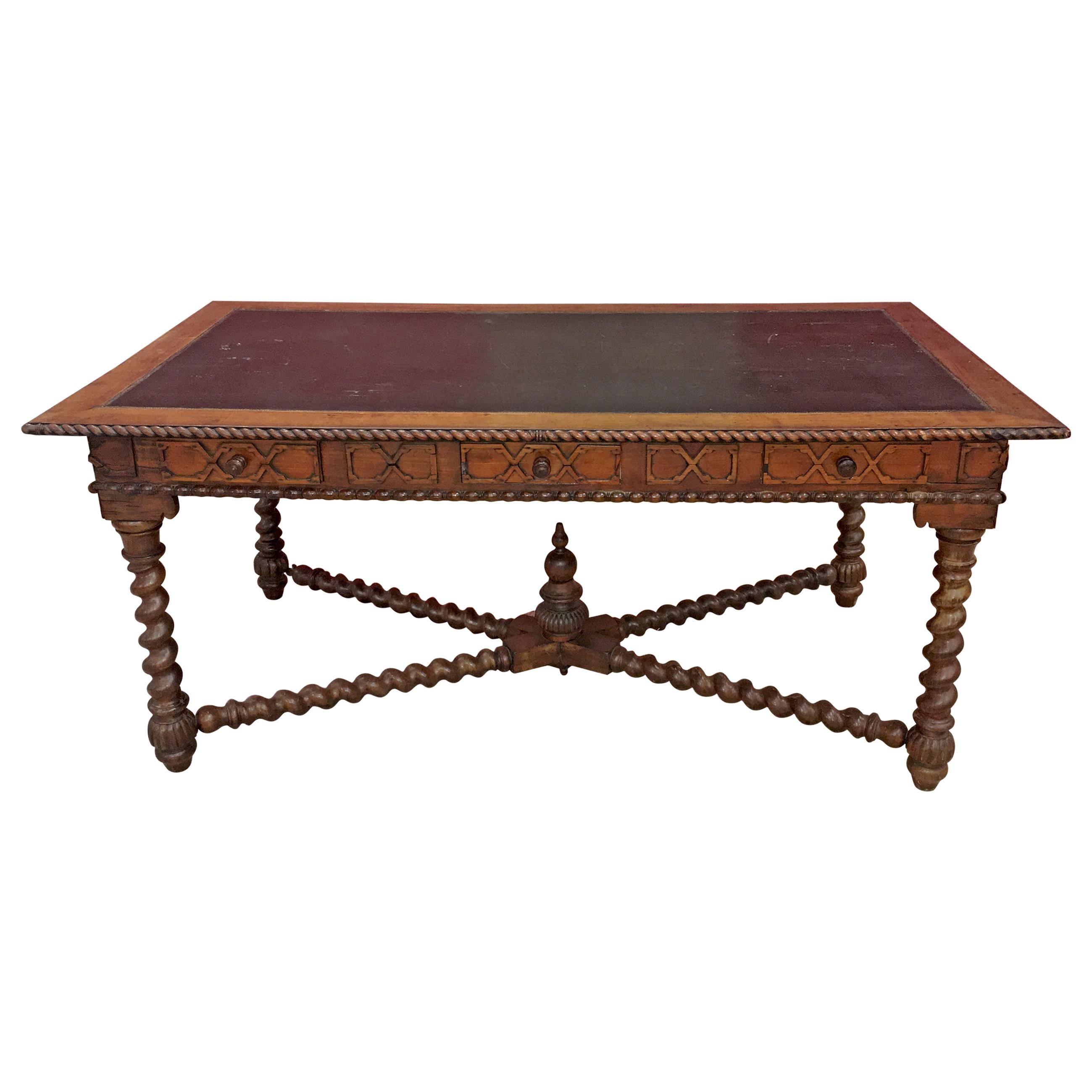 19th Century French Louis XIII Style Hand Carved Cherry Writing Desk, Moleskin For Sale