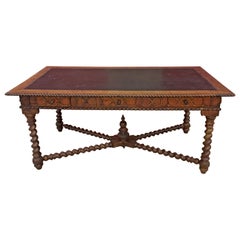 Used 19th Century French Louis XIII Style Hand Carved Cherry Writing Desk, Moleskin
