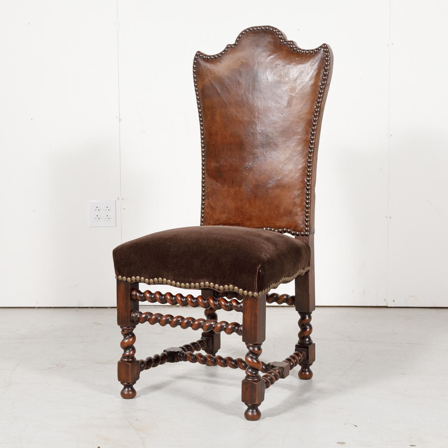 19th Century French Louis XIII Style Leather and Mohair Barley Twist Side Chairs 8