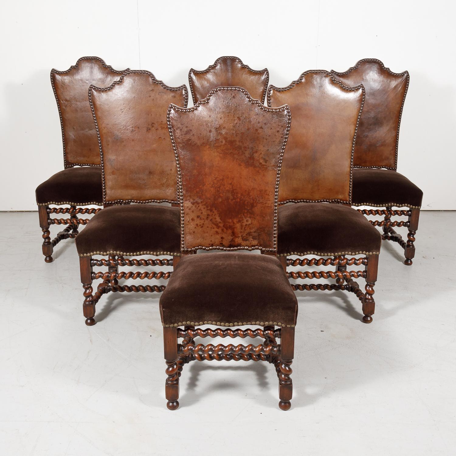 19th Century French Louis XIII Style Leather and Mohair Barley Twist Side Chairs In Good Condition In Birmingham, AL