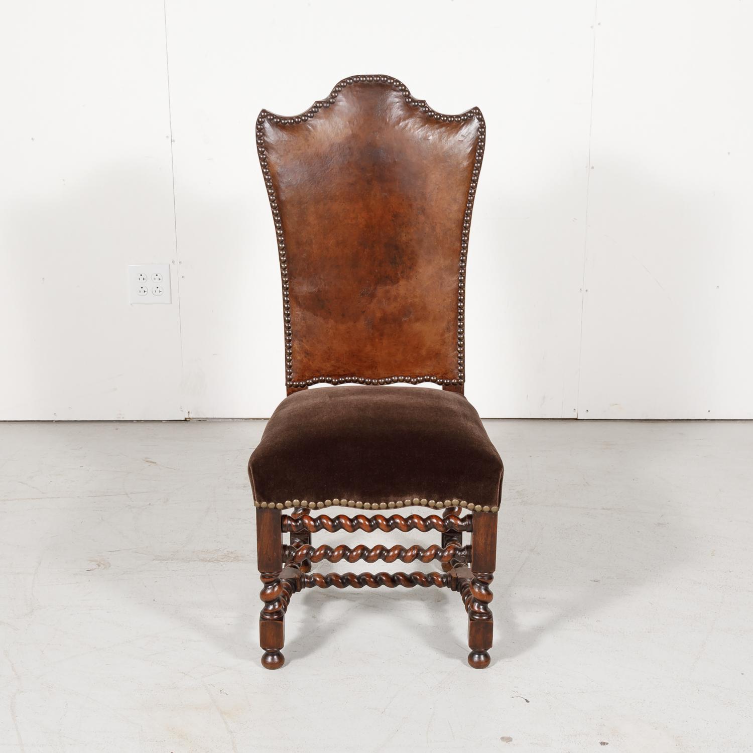 Mid-19th Century 19th Century French Louis XIII Style Leather and Mohair Barley Twist Side Chairs