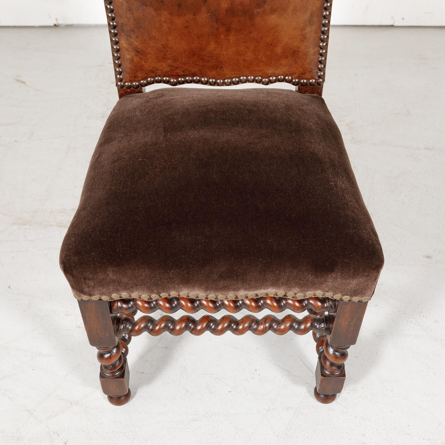 19th Century French Louis XIII Style Leather and Mohair Barley Twist Side Chairs 2