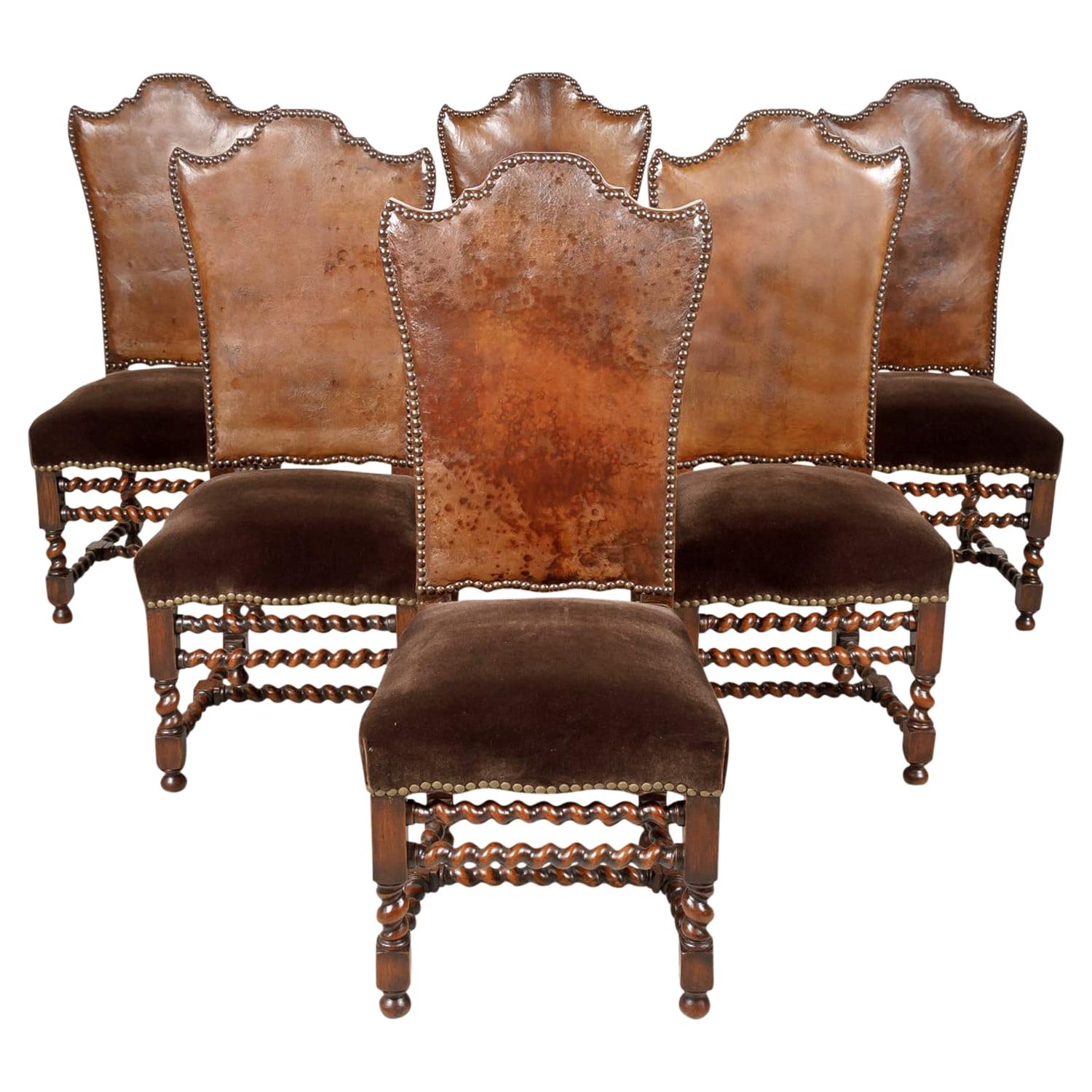 19th Century French Louis XIII Style Leather and Mohair Barley Twist Side Chairs