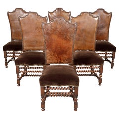 Antique 19th Century French Louis XIII Style Leather and Mohair Barley Twist Side Chairs