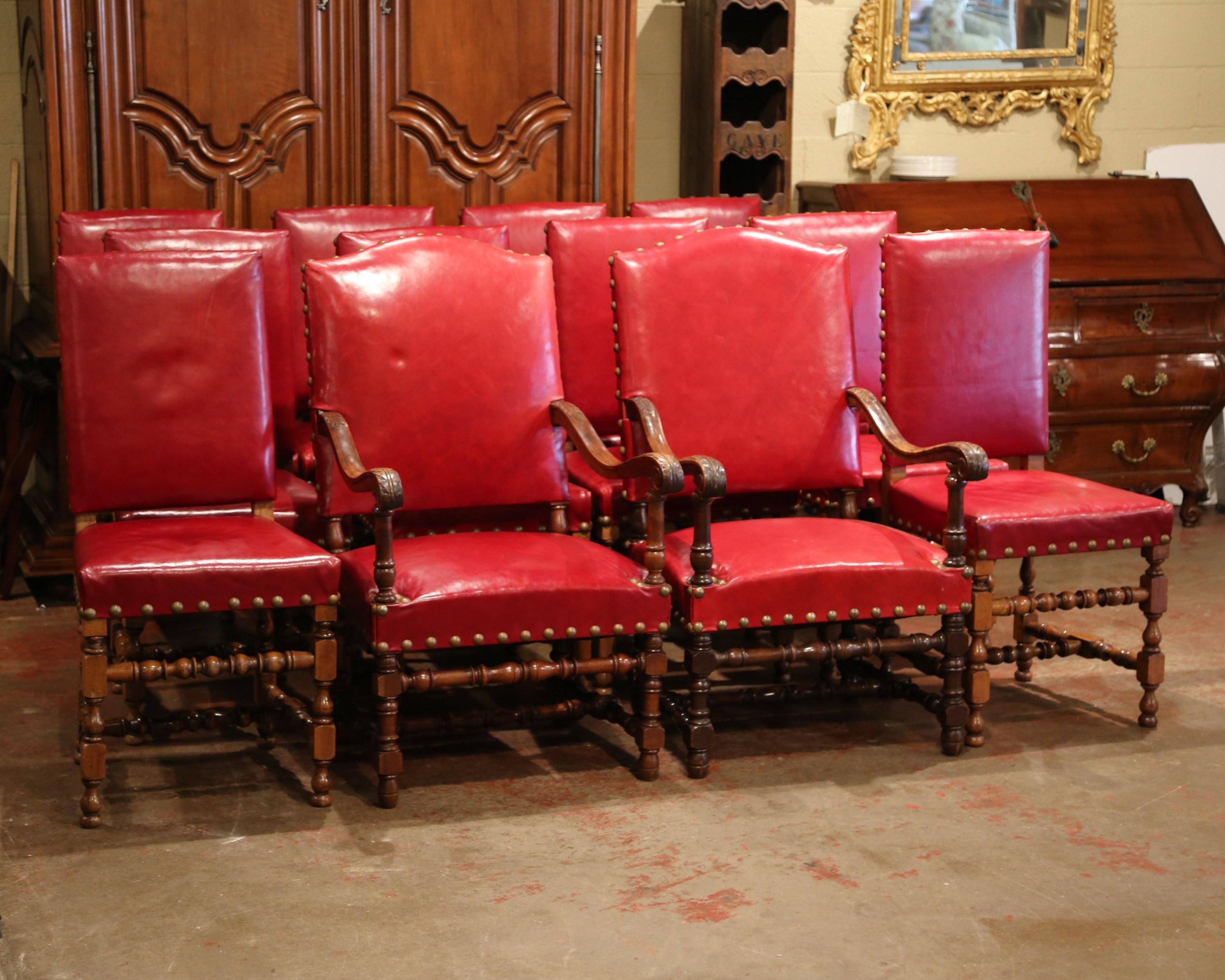 19th Century French Louis XIII Walnut and Red Leather Dining Chairs 'Set of 12' 5