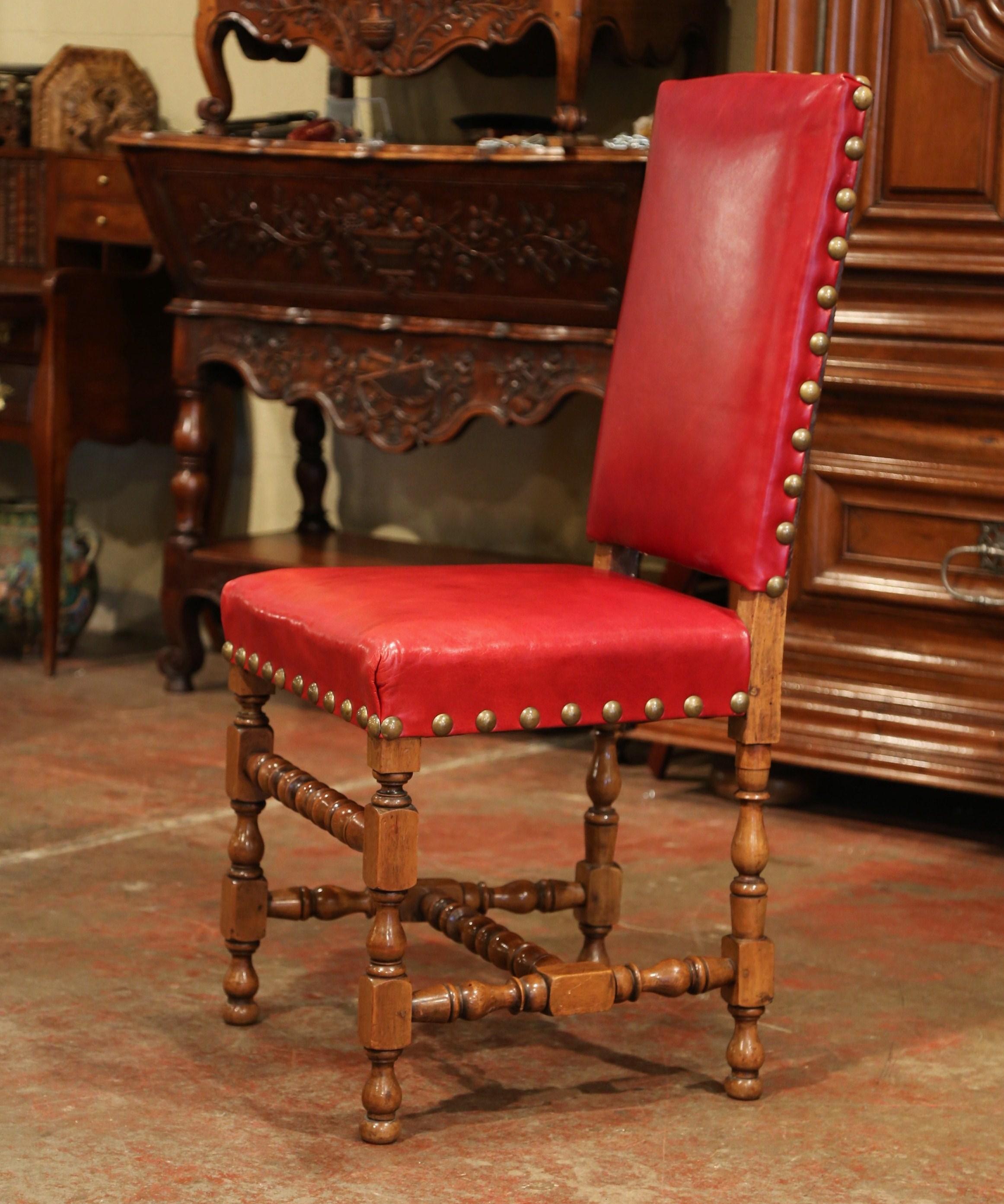 19th Century French Louis XIII Walnut and Red Leather Dining Chairs 'Set of 12' 7