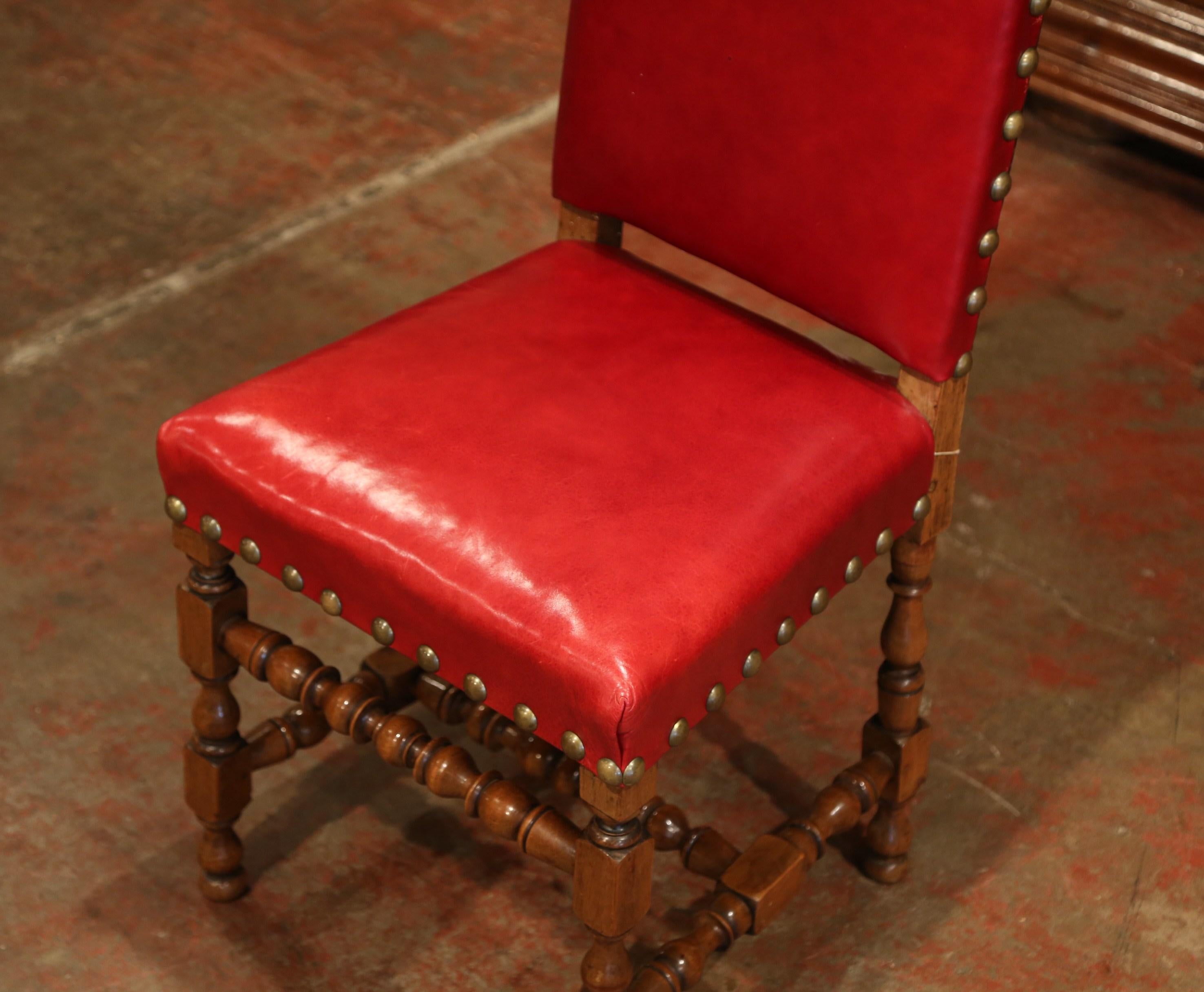 Hand-Carved 19th Century French Louis XIII Walnut and Red Leather Dining Chairs 'Set of 12'