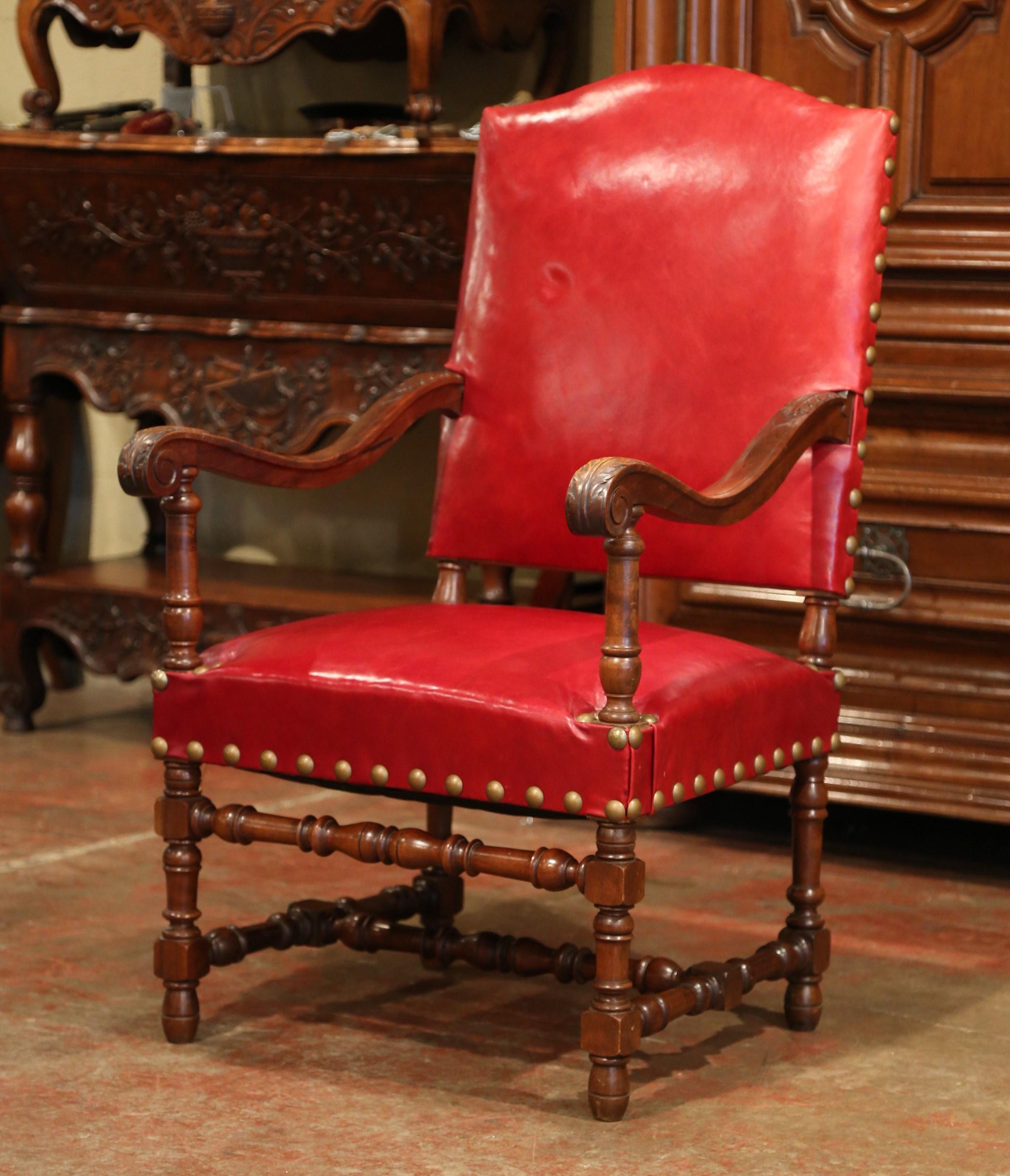 19th Century French Louis XIII Walnut and Red Leather Dining Chairs 'Set of 12' In Excellent Condition In Dallas, TX