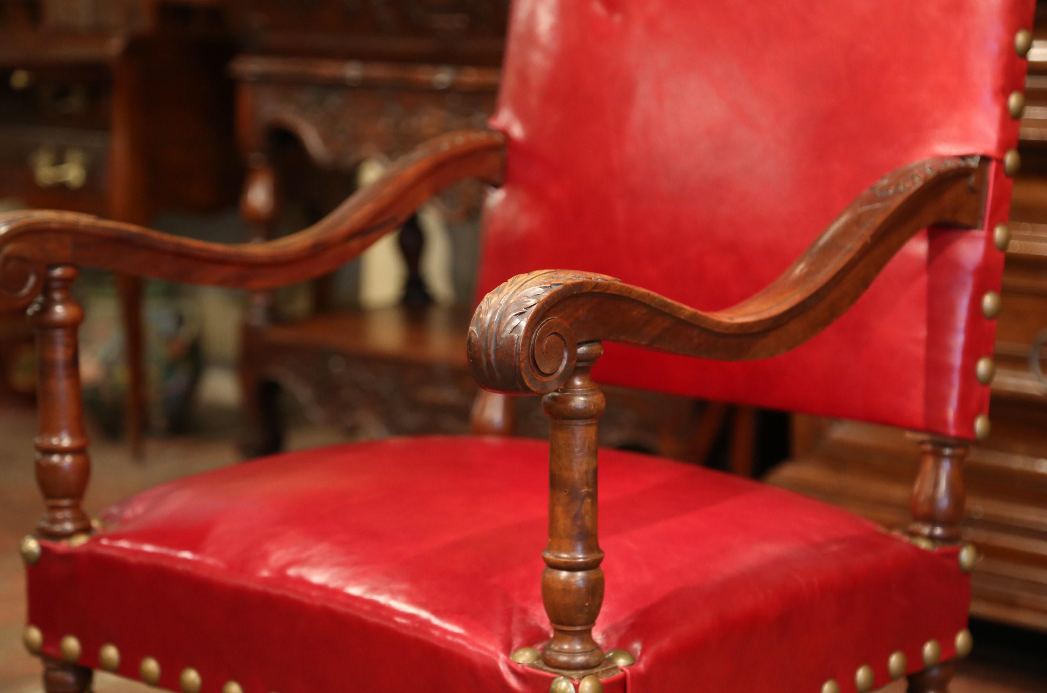 19th Century French Louis XIII Walnut and Red Leather Dining Chairs 'Set of 12' 1