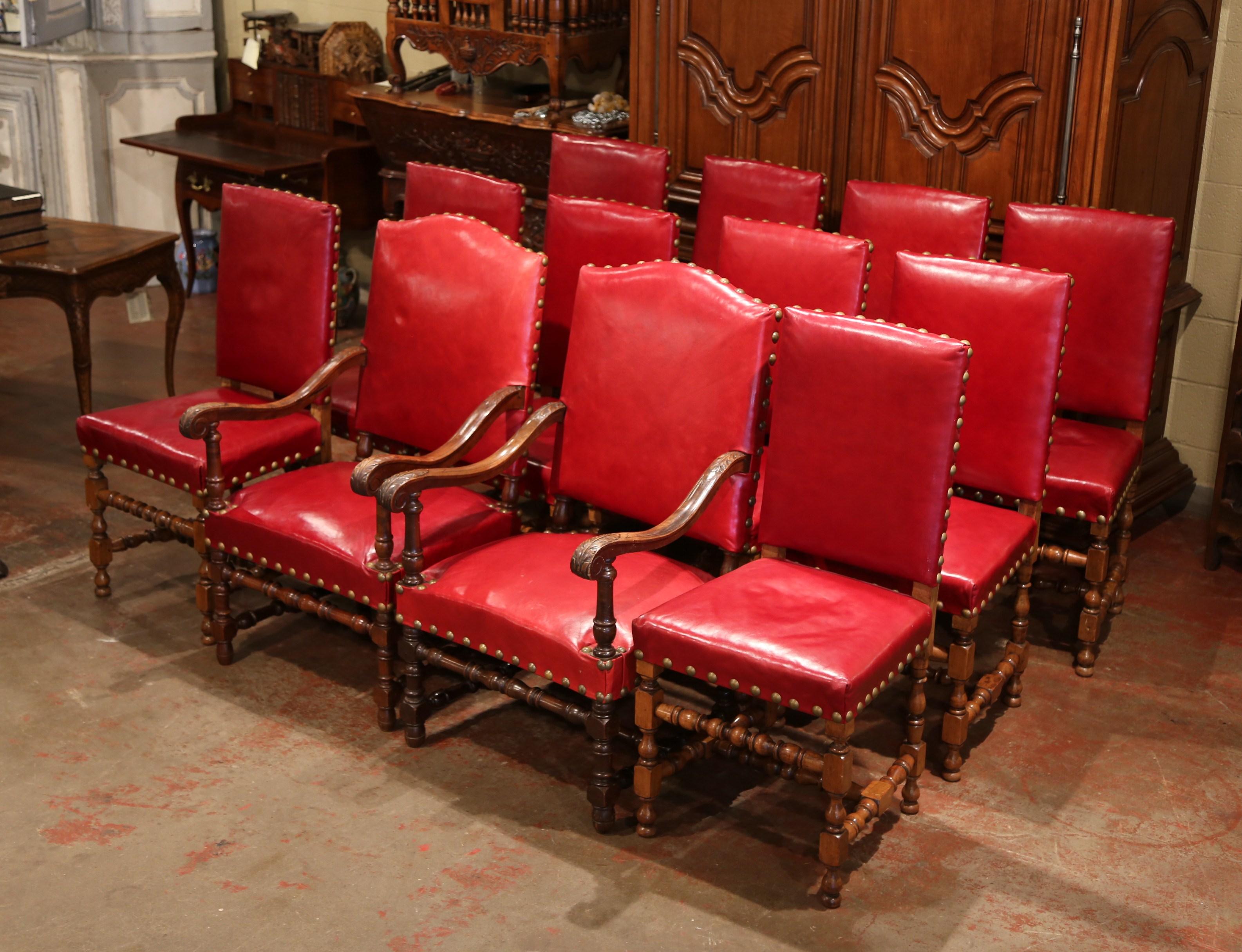 19th Century French Louis XIII Walnut and Red Leather Dining Chairs 'Set of 12' 2