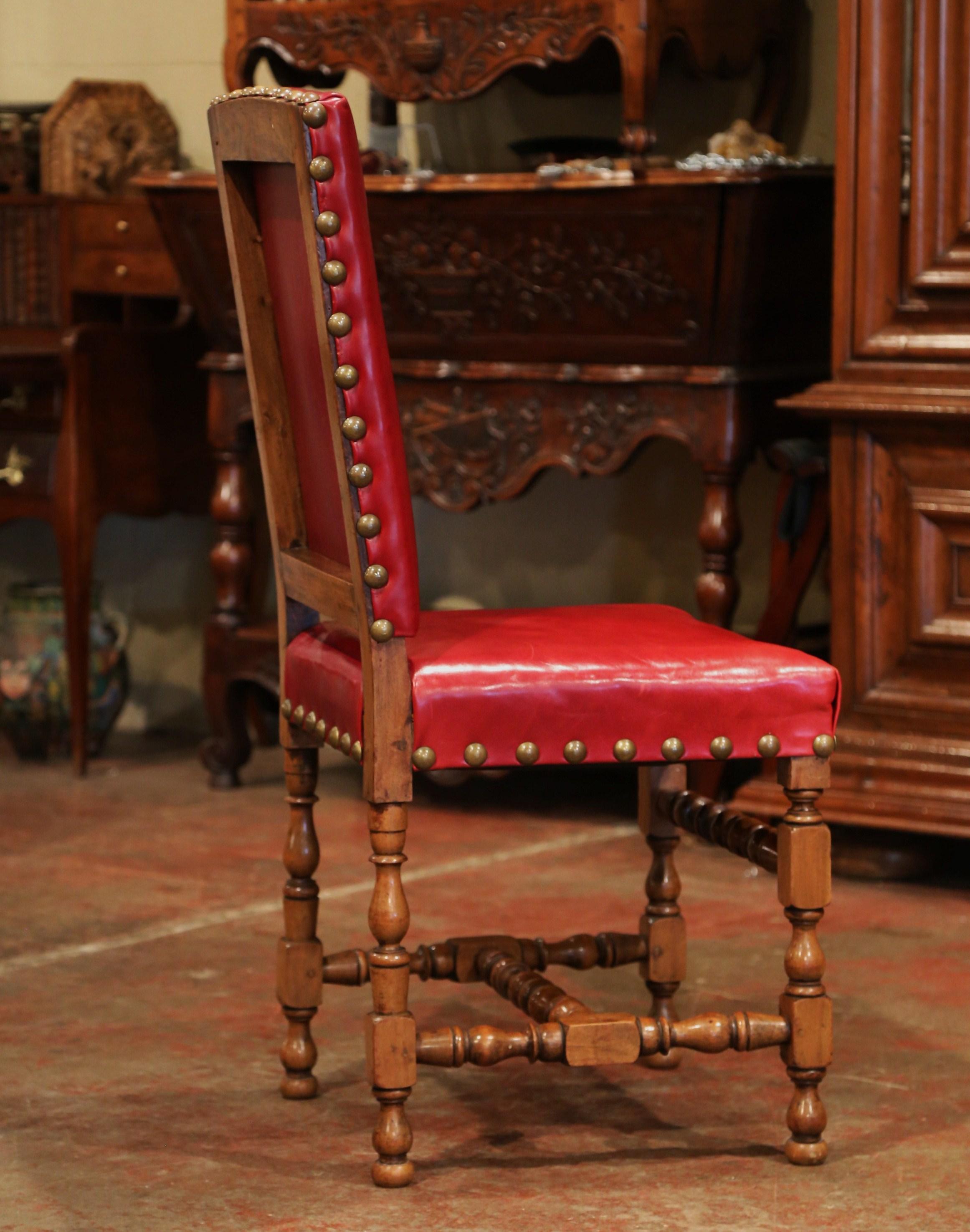 19th Century French Louis XIII Walnut and Red Leather Dining Chairs 'Set of 12' 3