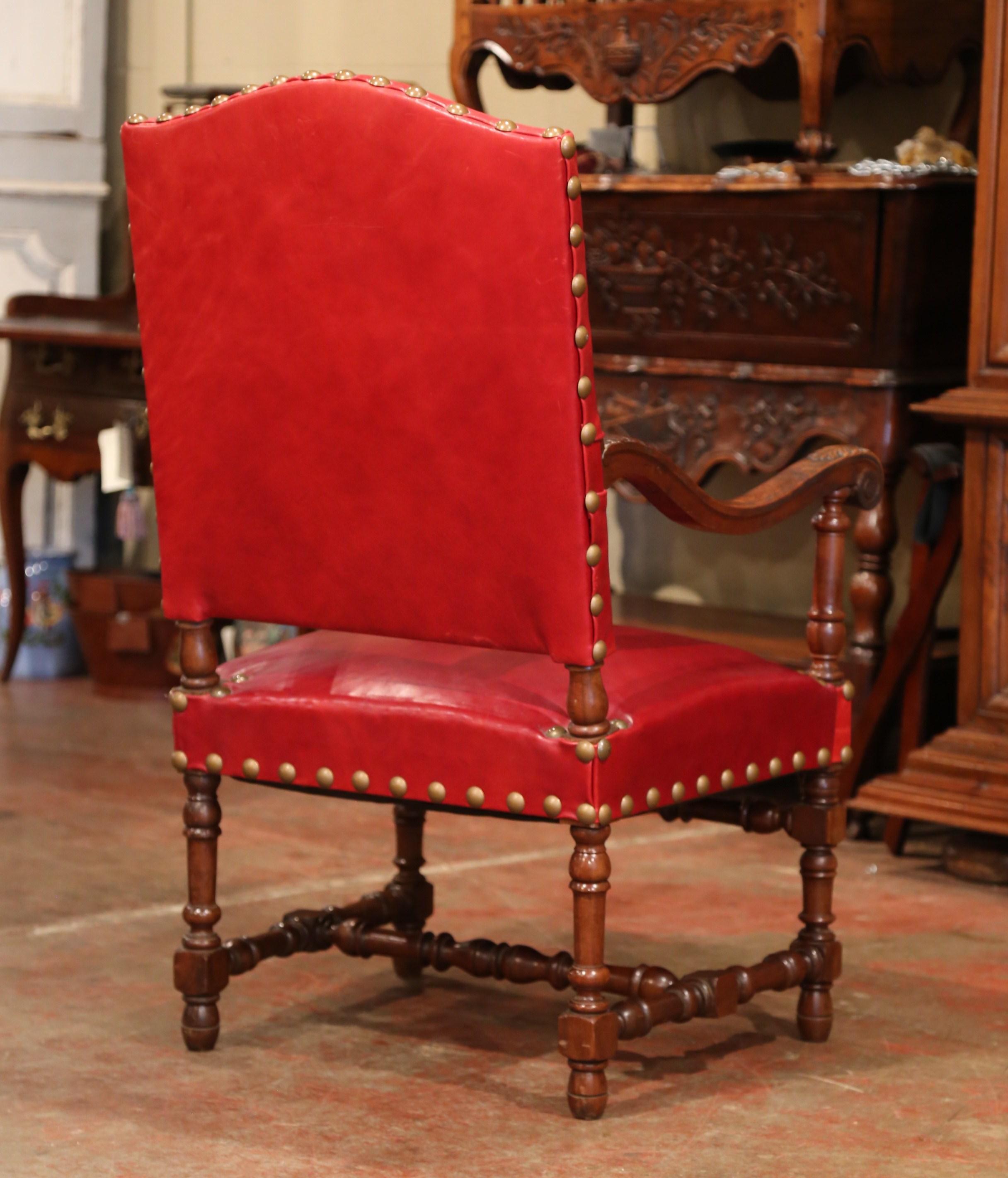 19th Century French Louis XIII Walnut and Red Leather Dining Chairs 'Set of 12' 4