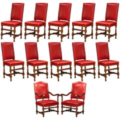 Antique 19th Century French Louis XIII Walnut and Red Leather Dining Chairs 'Set of 12'