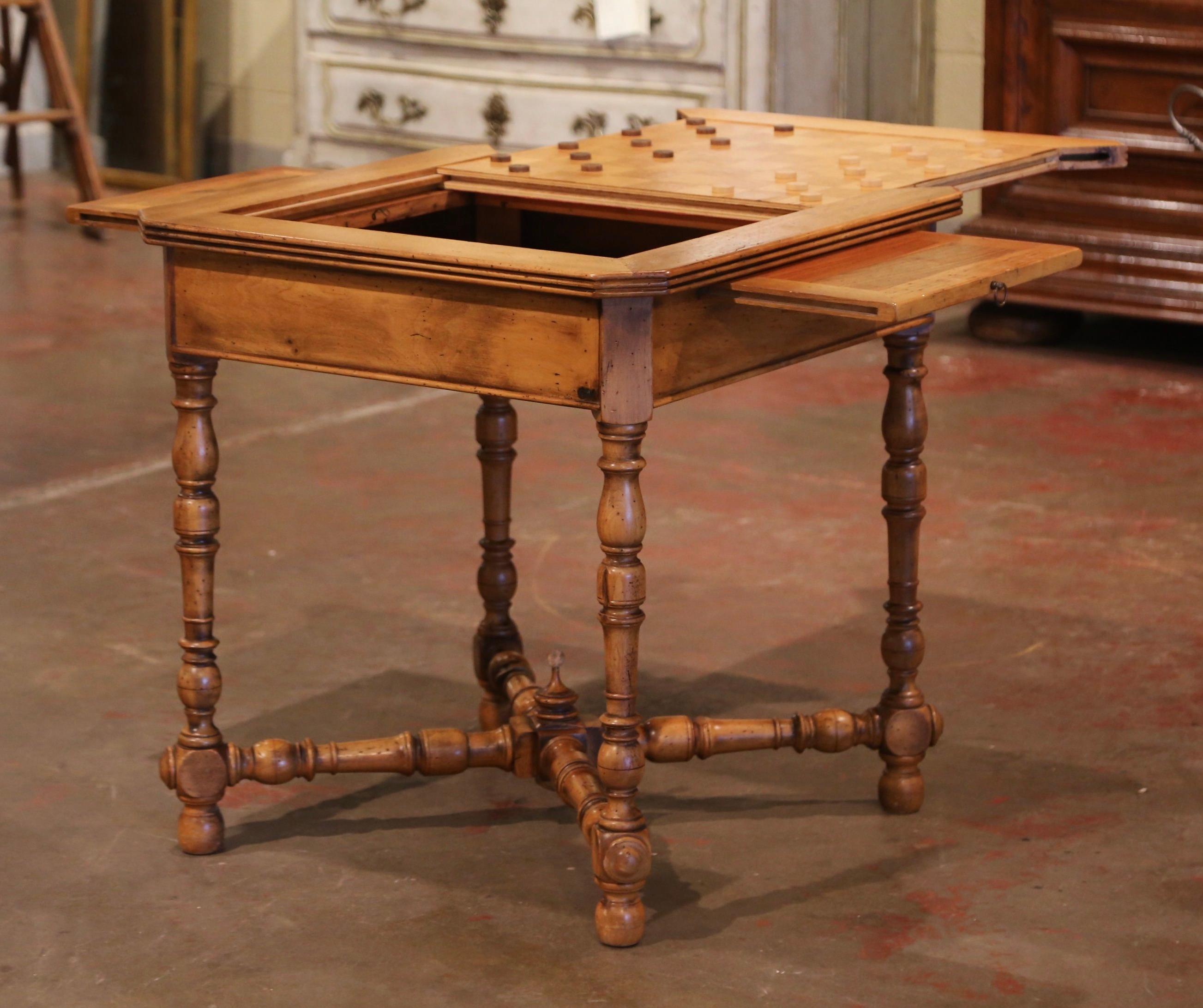 19th Century French Louis XIII Walnut Game Table & Chess Board with Checker Set  In Excellent Condition In Dallas, TX