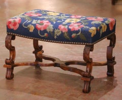 19th Century French Louis XIII Walnut Stool with Floral Needlepoint Upholstery