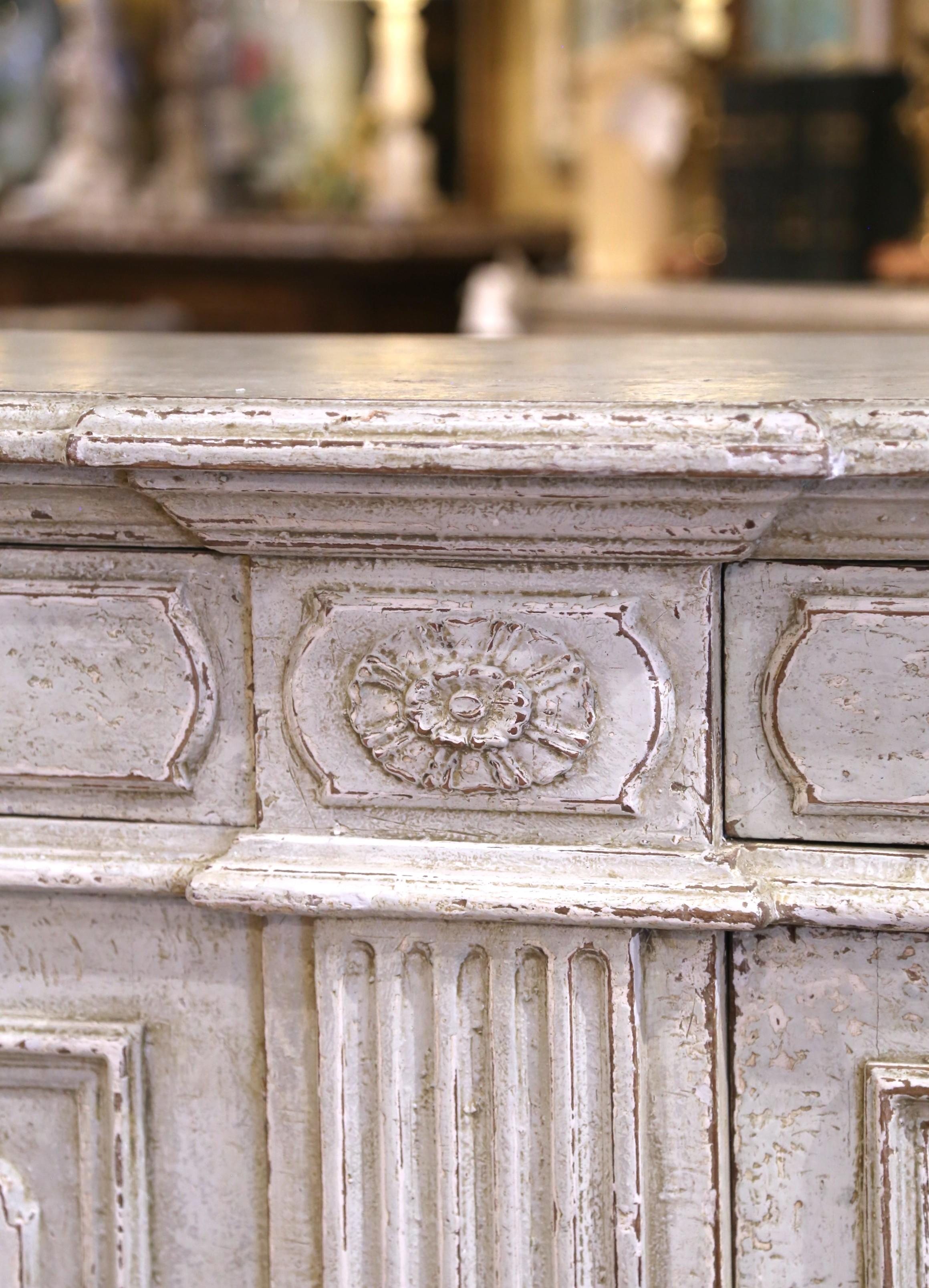 19th Century French Louis XIV Carved and Painted Three-Door Buffet with Drawers In Excellent Condition For Sale In Dallas, TX