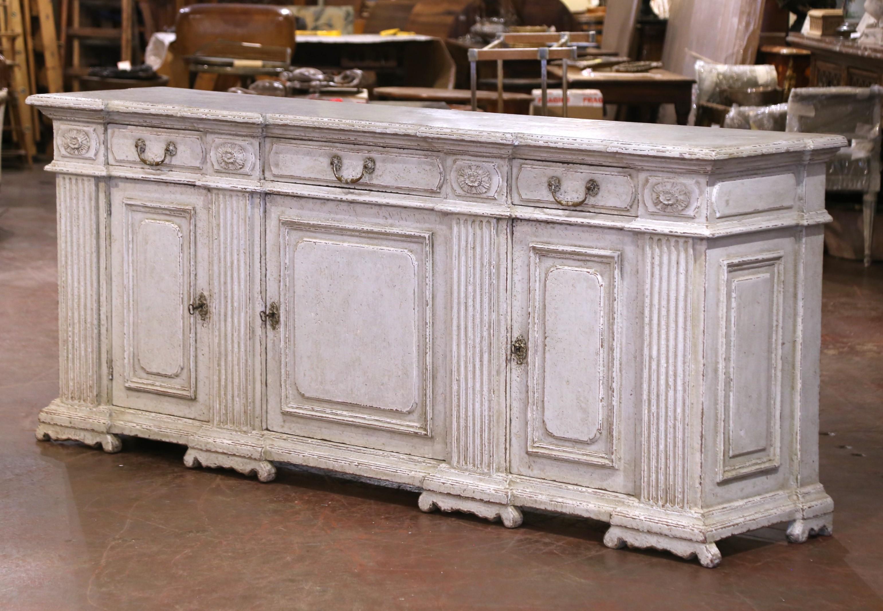 19th Century French Louis XIV Carved and Painted Three-Door Buffet with Drawers For Sale 1