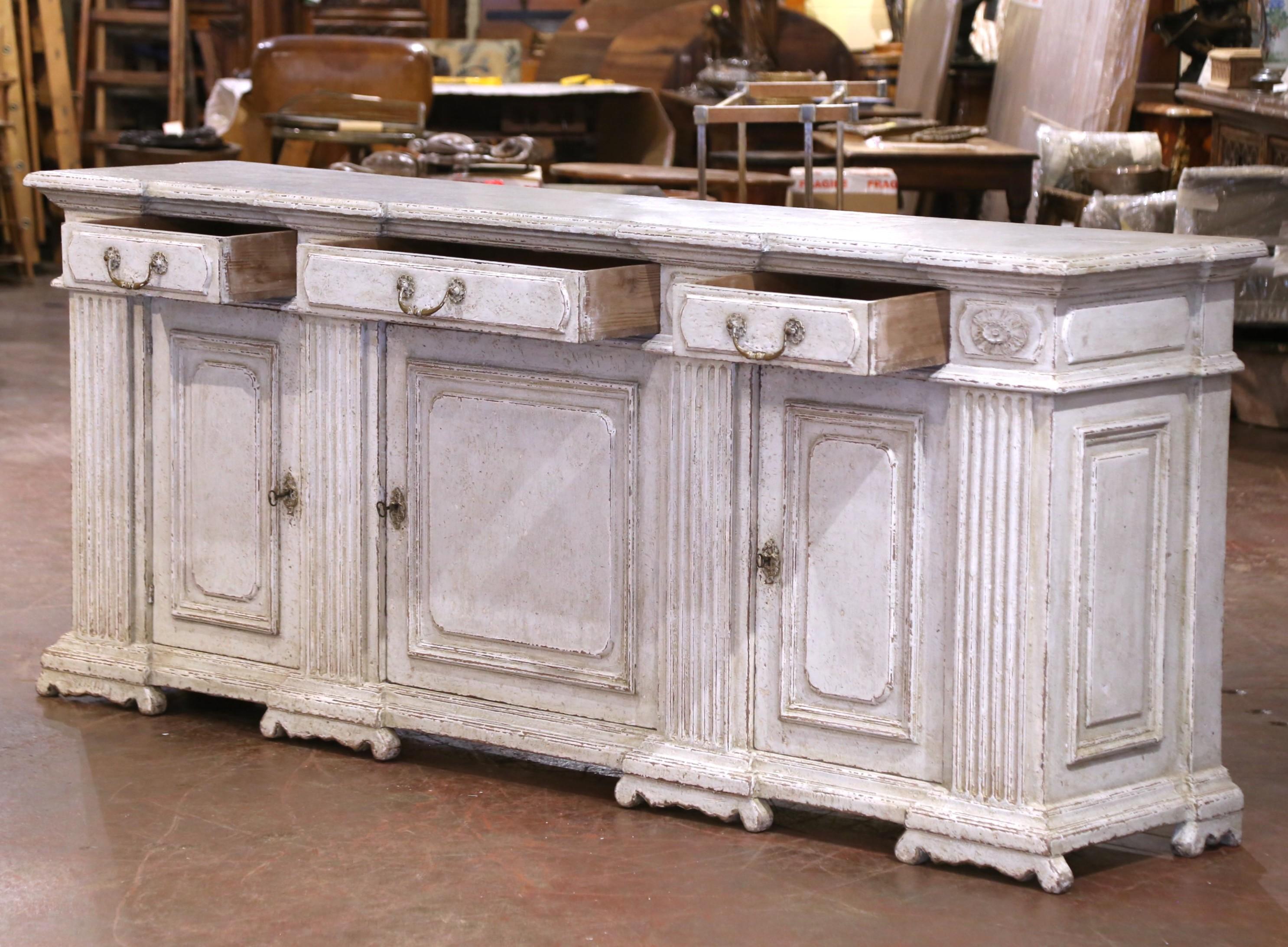19th Century French Louis XIV Carved and Painted Three-Door Buffet with Drawers For Sale 2