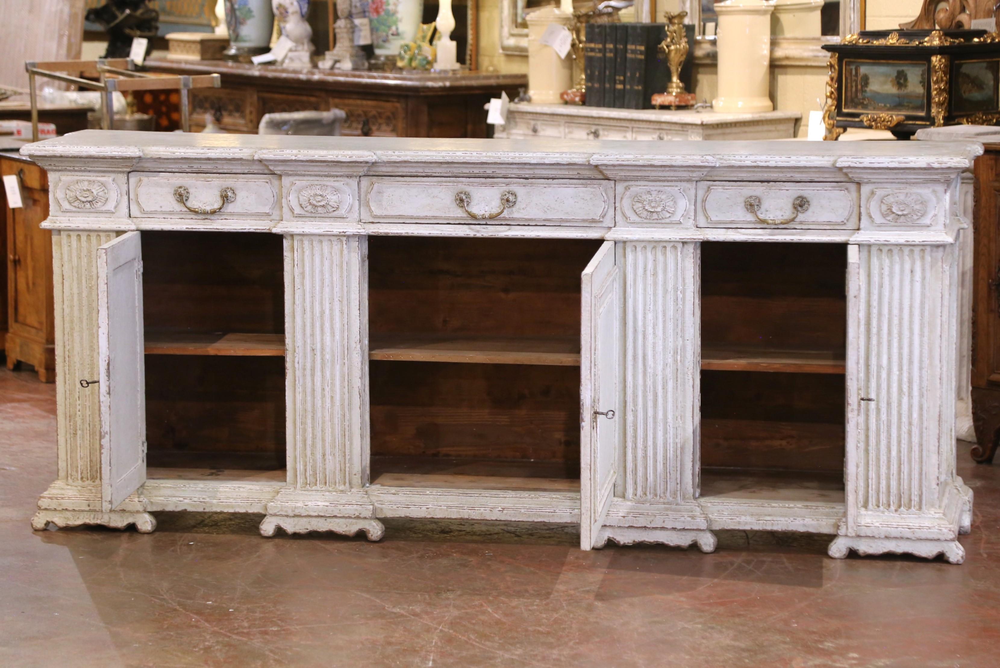 19th Century French Louis XIV Carved and Painted Three-Door Buffet with Drawers For Sale 4