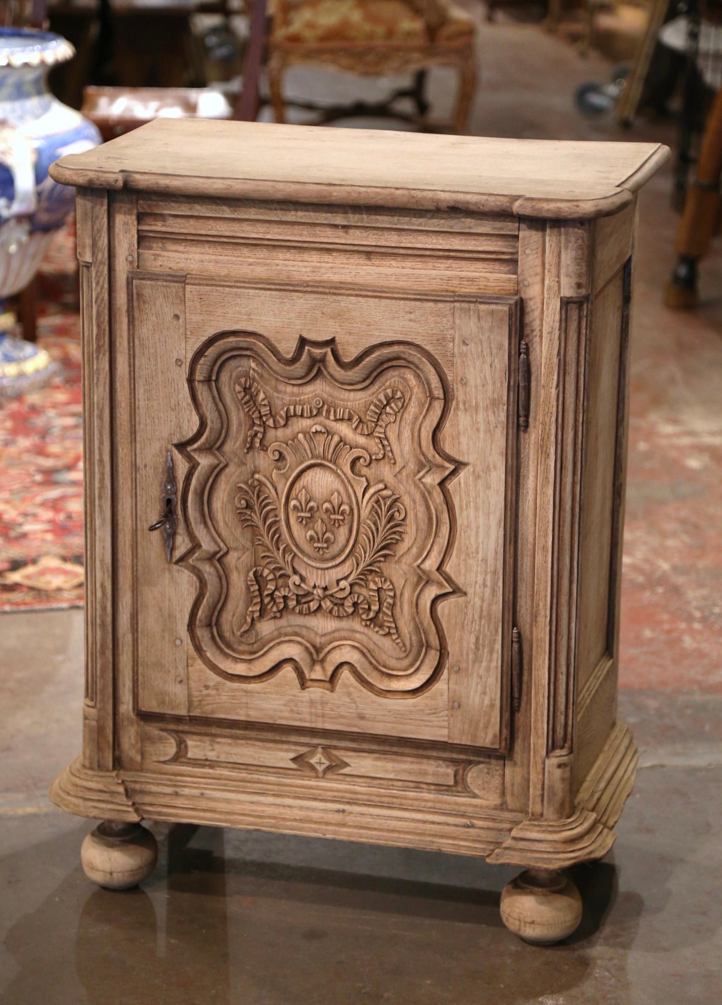 Hand-Carved 19th Century French Louis XIV Carved Bleached Oak Confiturier with Fleur-de-Lys