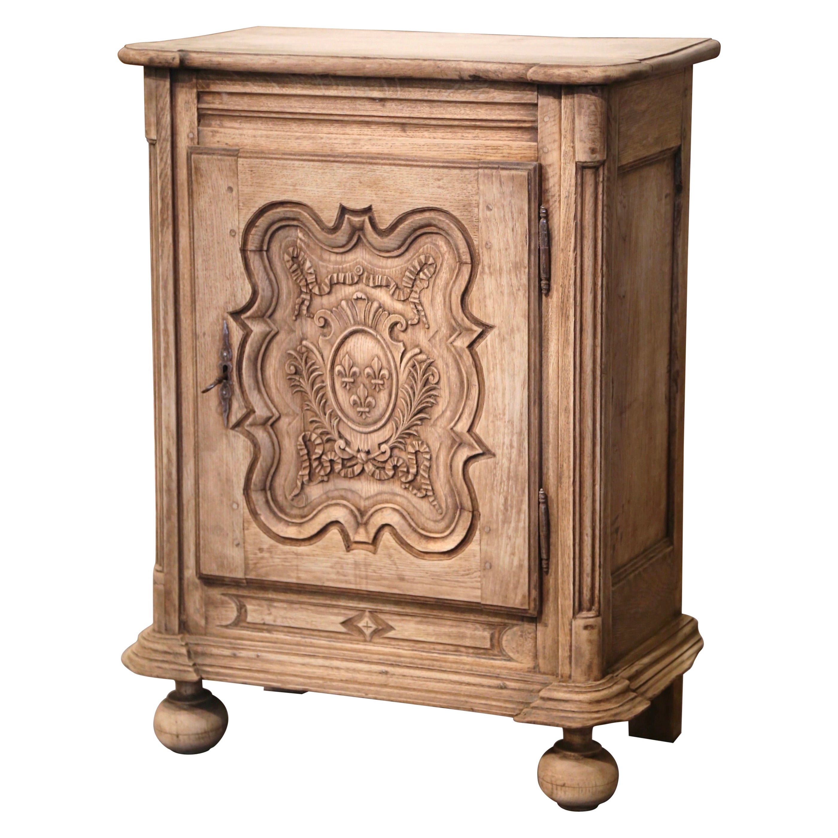 19th Century French Louis XIV Carved Bleached Oak Confiturier with Fleur-de-Lys