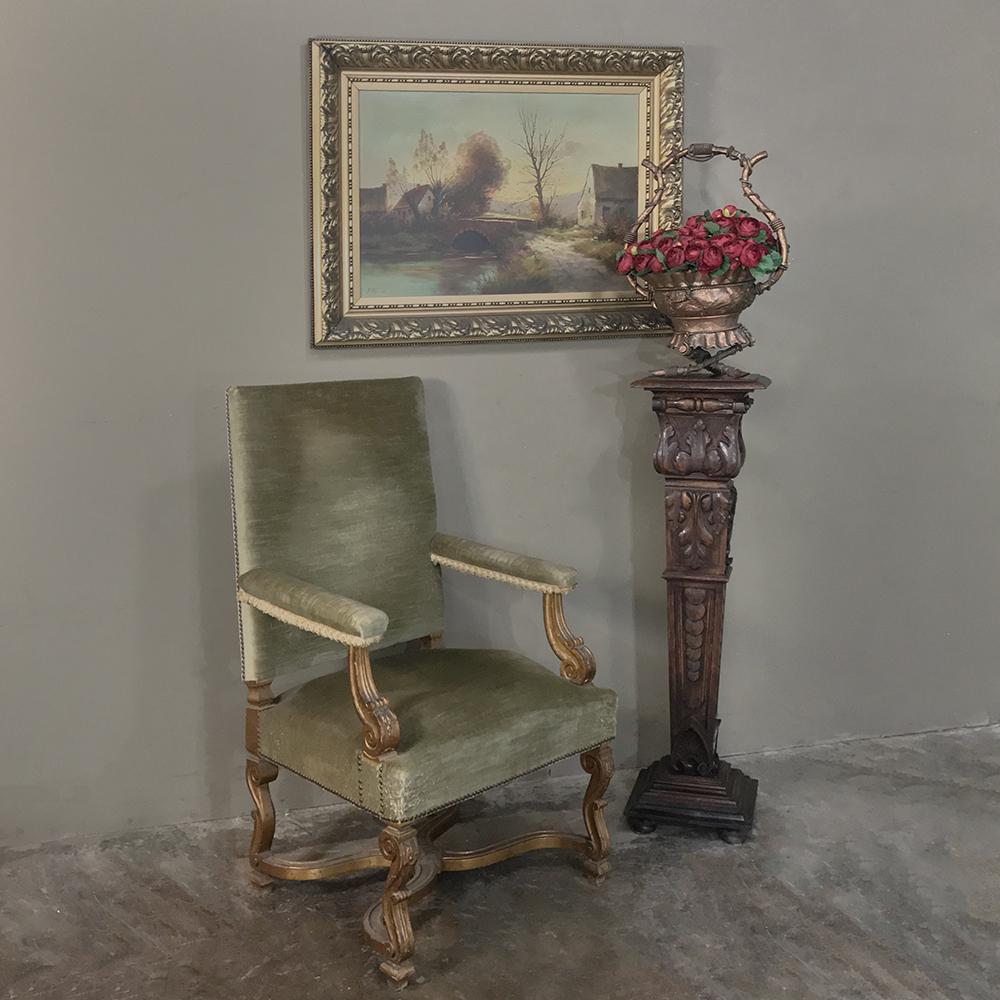 19th century French Louis XIV carved fruitwood pedestal is a masterful sculpture in its own right, with brilliantly executed Corinthian capital atop an elegantly tapered shaft adorned with acanthus plumes and Green coin overlay, with shelf motif