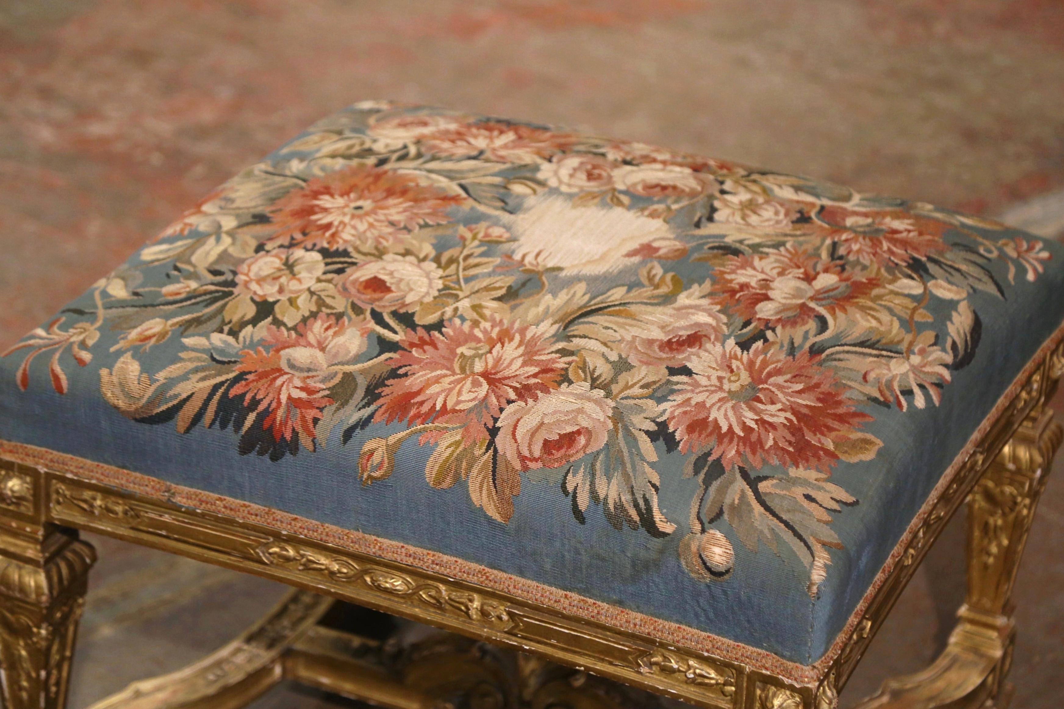 Hand-Carved 19th Century French Louis XIV Carved Giltwood Stool with Aubusson Tapestry For Sale