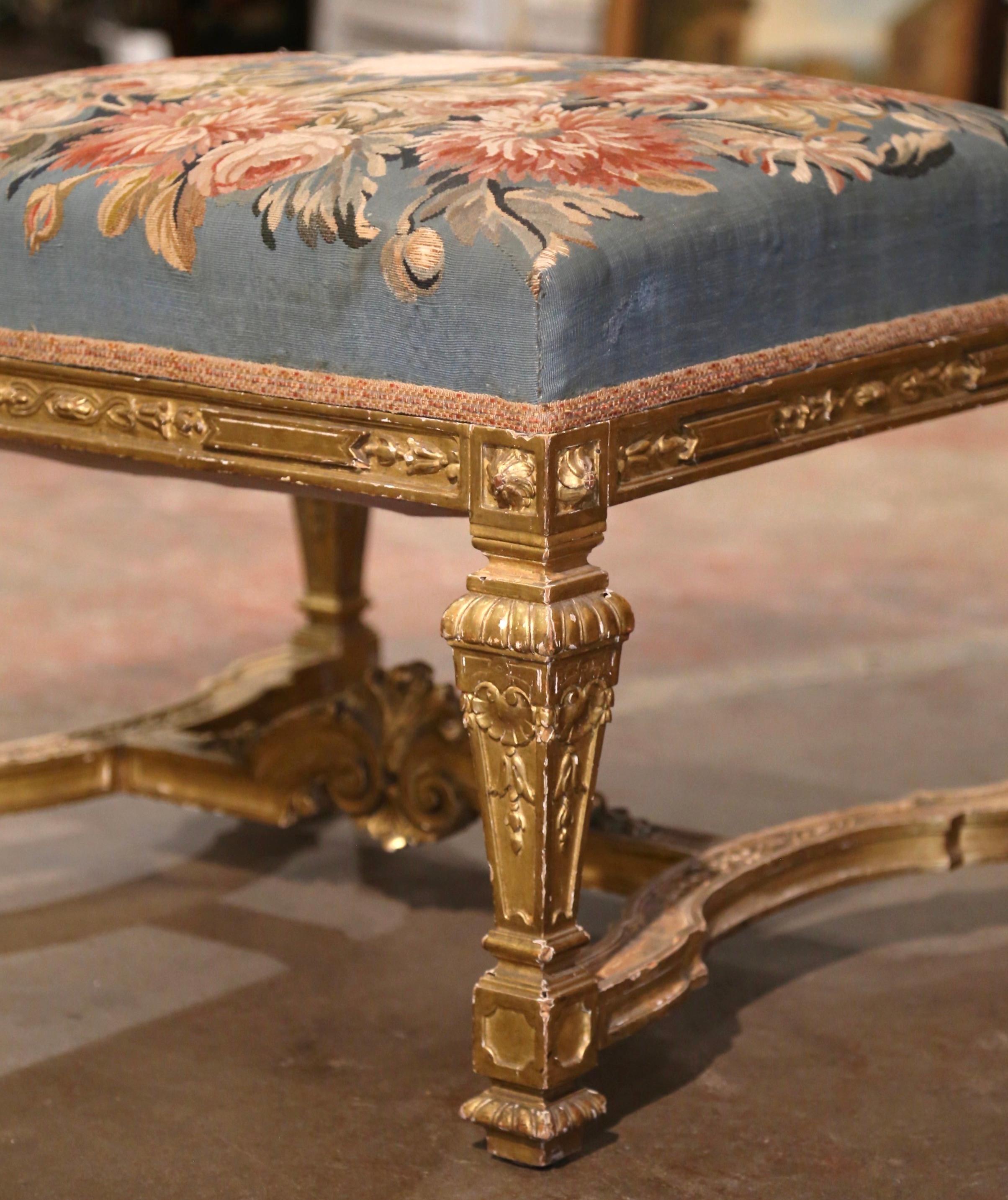 19th Century French Louis XIV Carved Giltwood Stool with Aubusson Tapestry For Sale 1