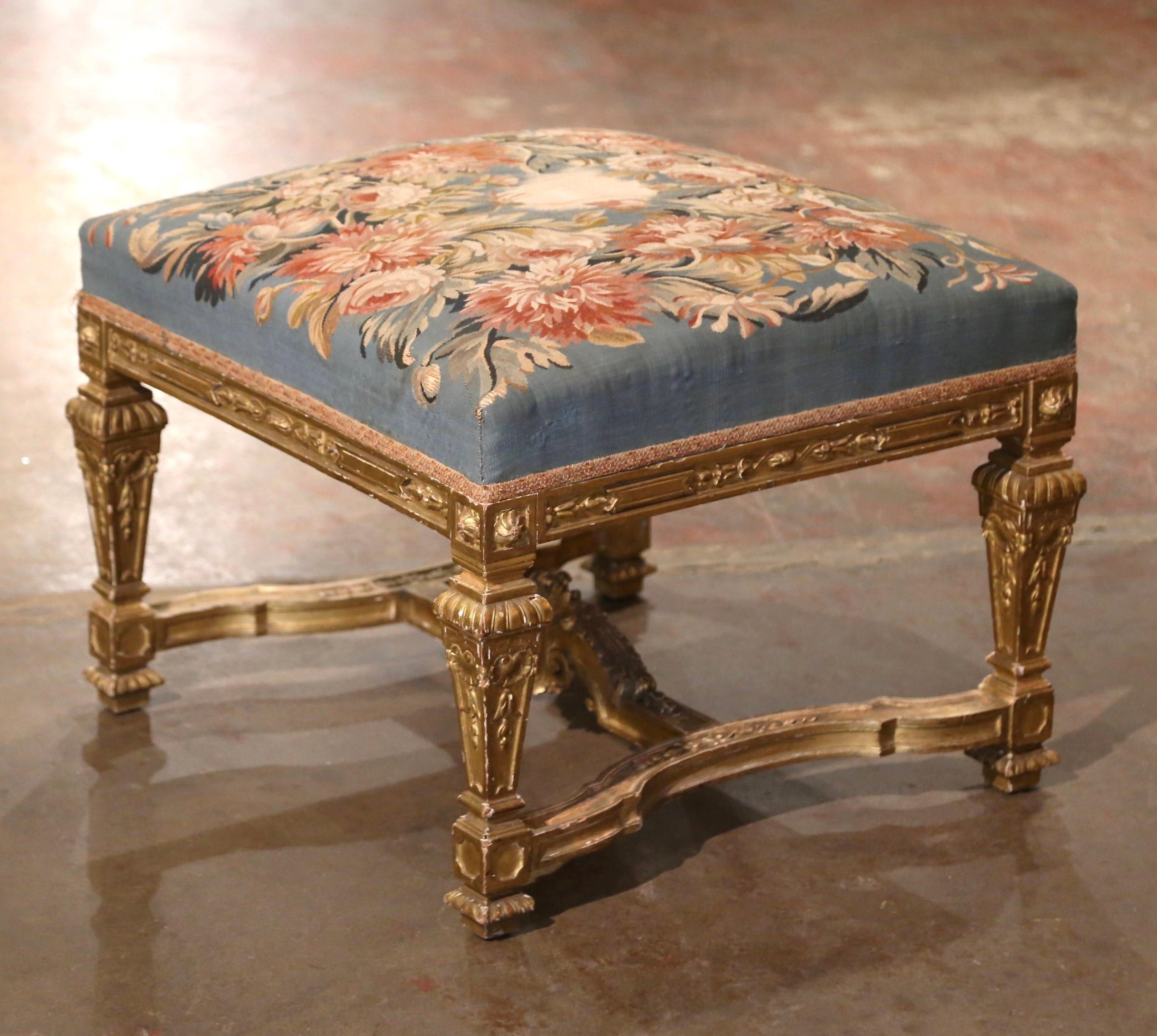 19th Century French Louis XIV Carved Giltwood Stool with Aubusson Tapestry For Sale 2