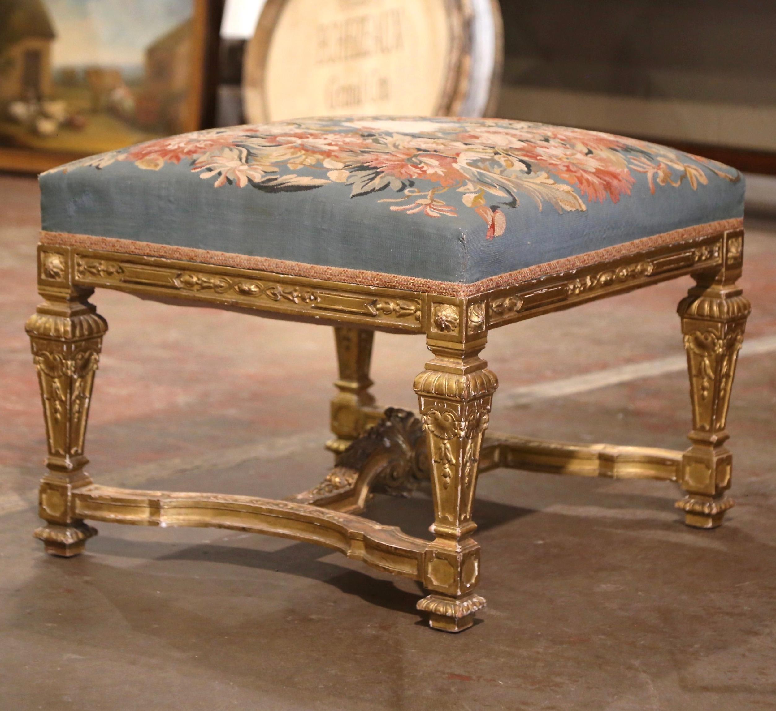 19th Century French Louis XIV Carved Giltwood Stool with Aubusson Tapestry For Sale 3