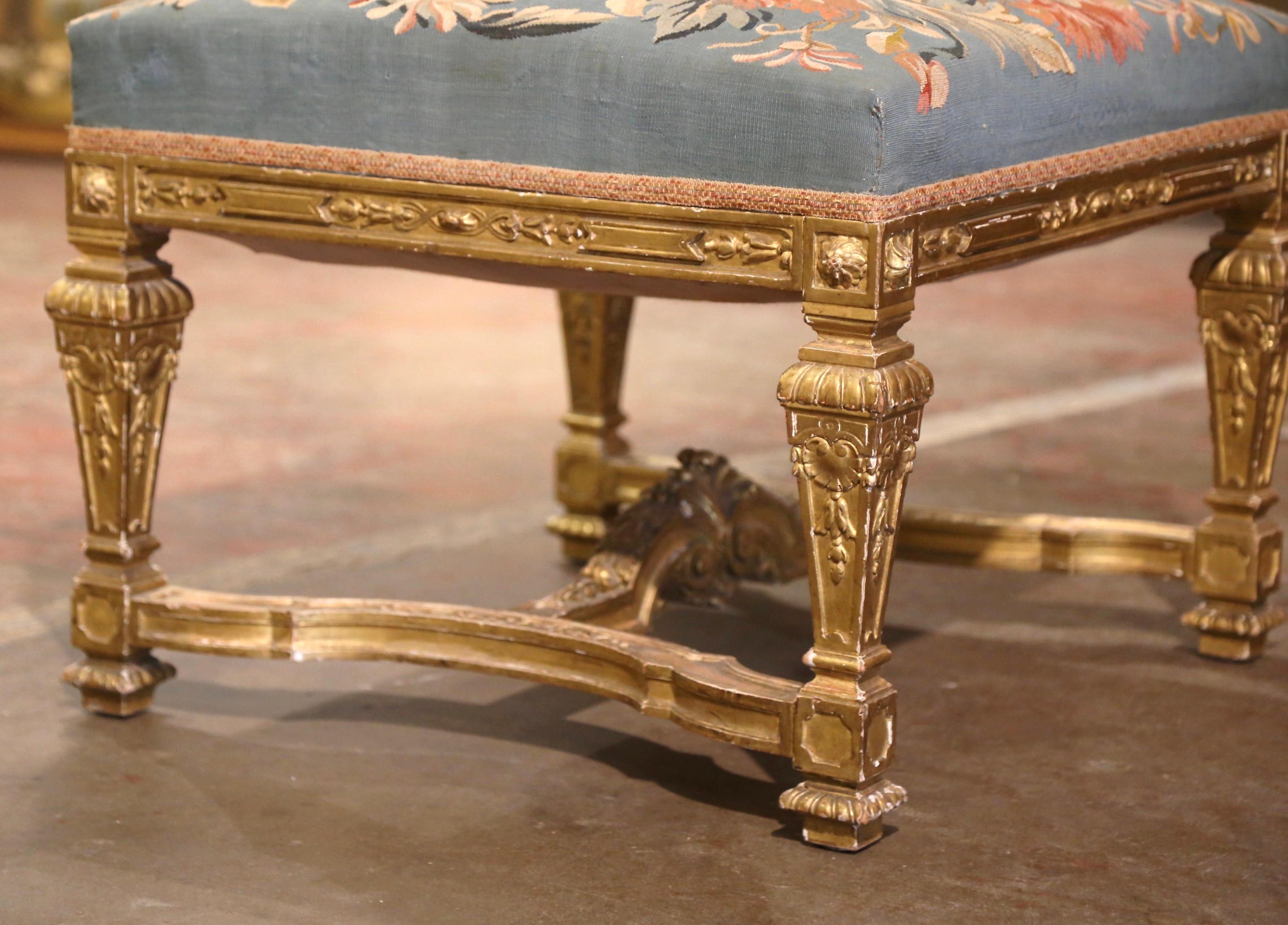 19th Century French Louis XIV Carved Giltwood Stool with Aubusson Tapestry For Sale 4