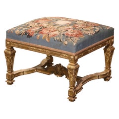 Taburete francés del siglo XIX Luis XIV de madera dorada tallada con tapiz de Aubusson